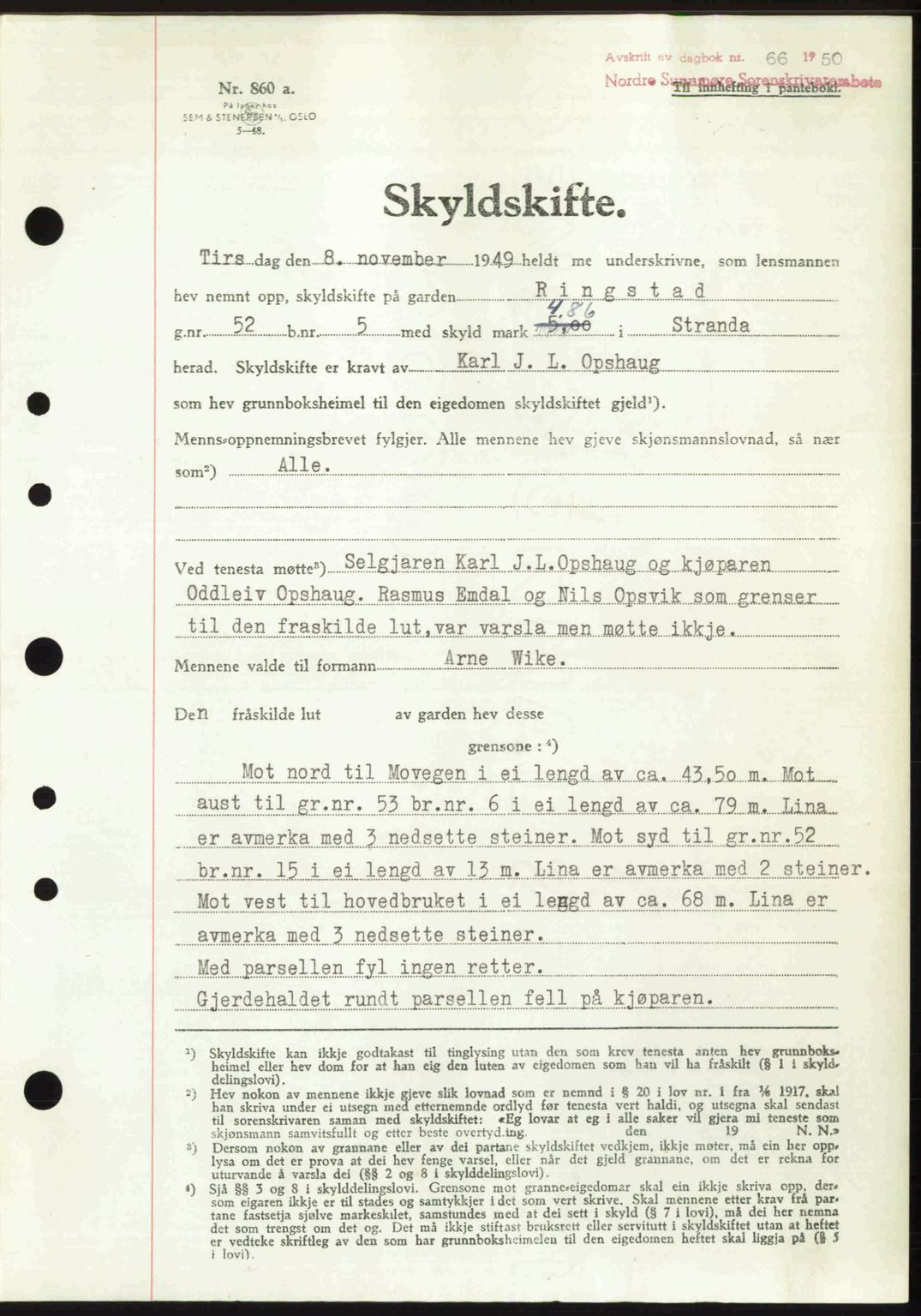 Nordre Sunnmøre sorenskriveri, AV/SAT-A-0006/1/2/2C/2Ca: Mortgage book no. A33, 1949-1950, Diary no: : 66/1950