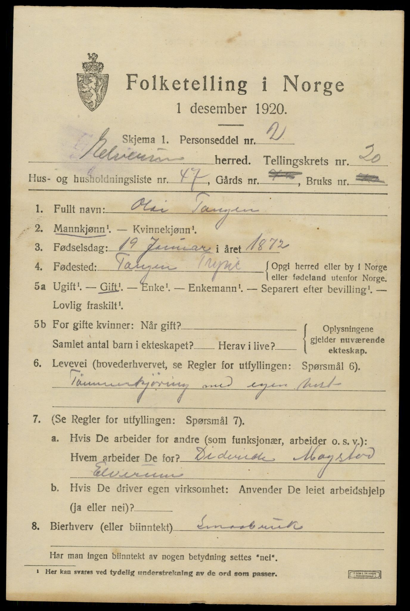 SAH, 1920 census for Elverum, 1920, p. 23818