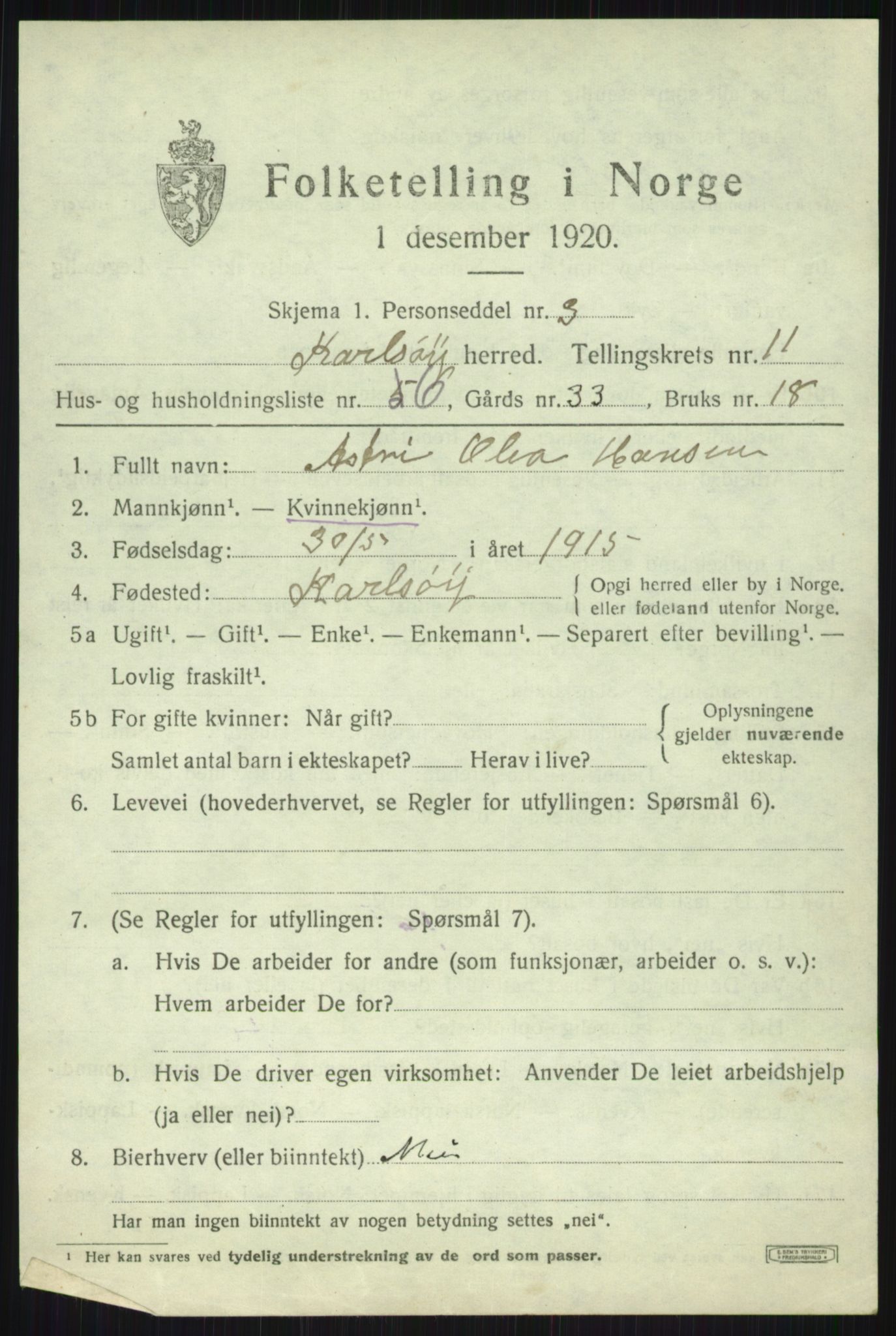 SATØ, 1920 census for Karlsøy, 1920, p. 4030