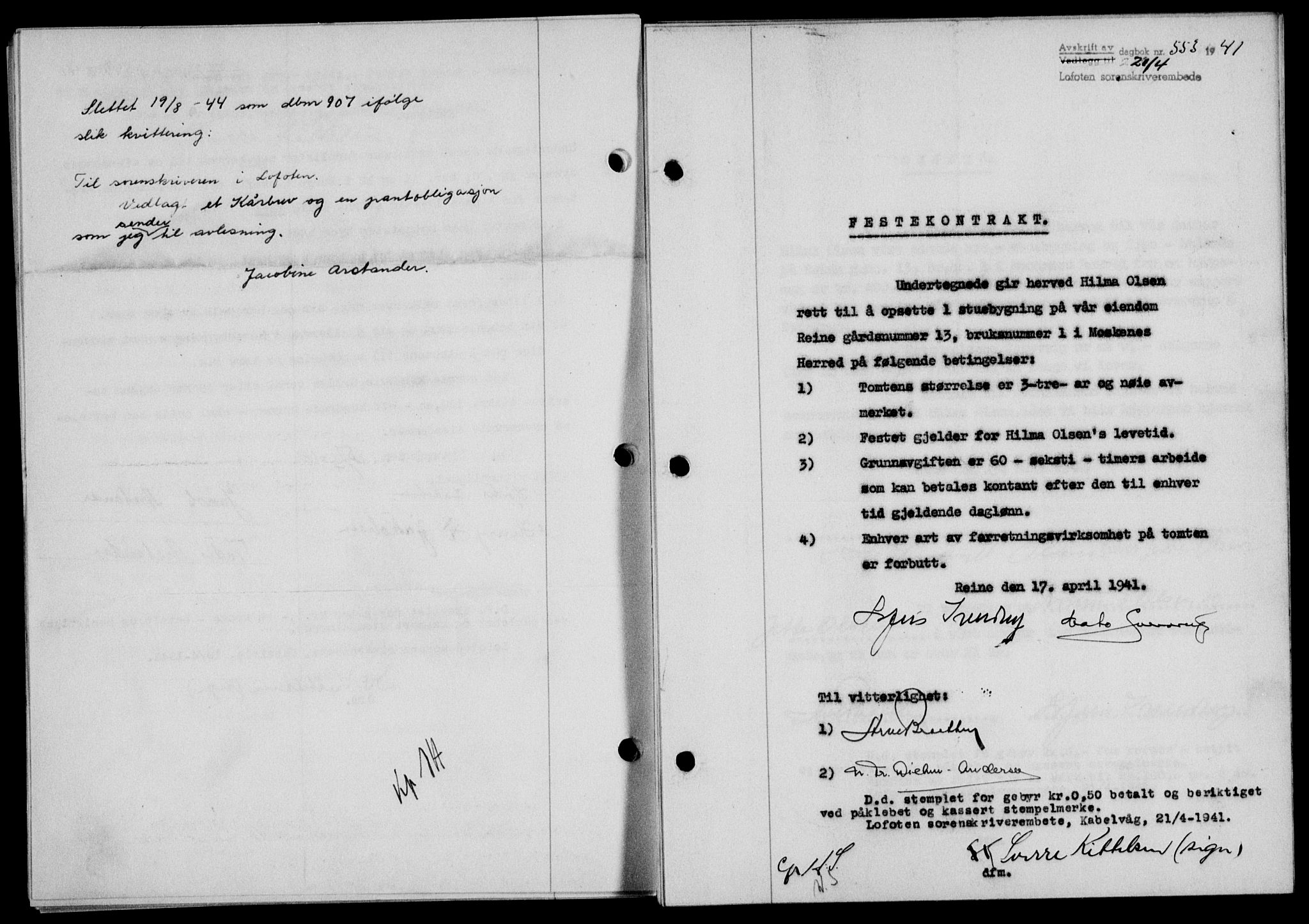 Lofoten sorenskriveri, SAT/A-0017/1/2/2C/L0008a: Mortgage book no. 8a, 1940-1941, Diary no: : 553/1941