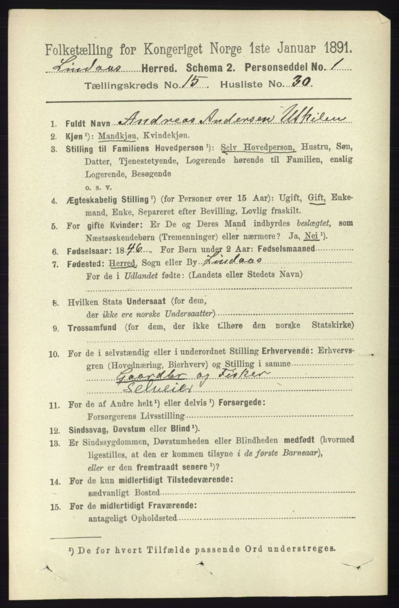 RA, 1891 census for 1263 Lindås, 1891, p. 5455