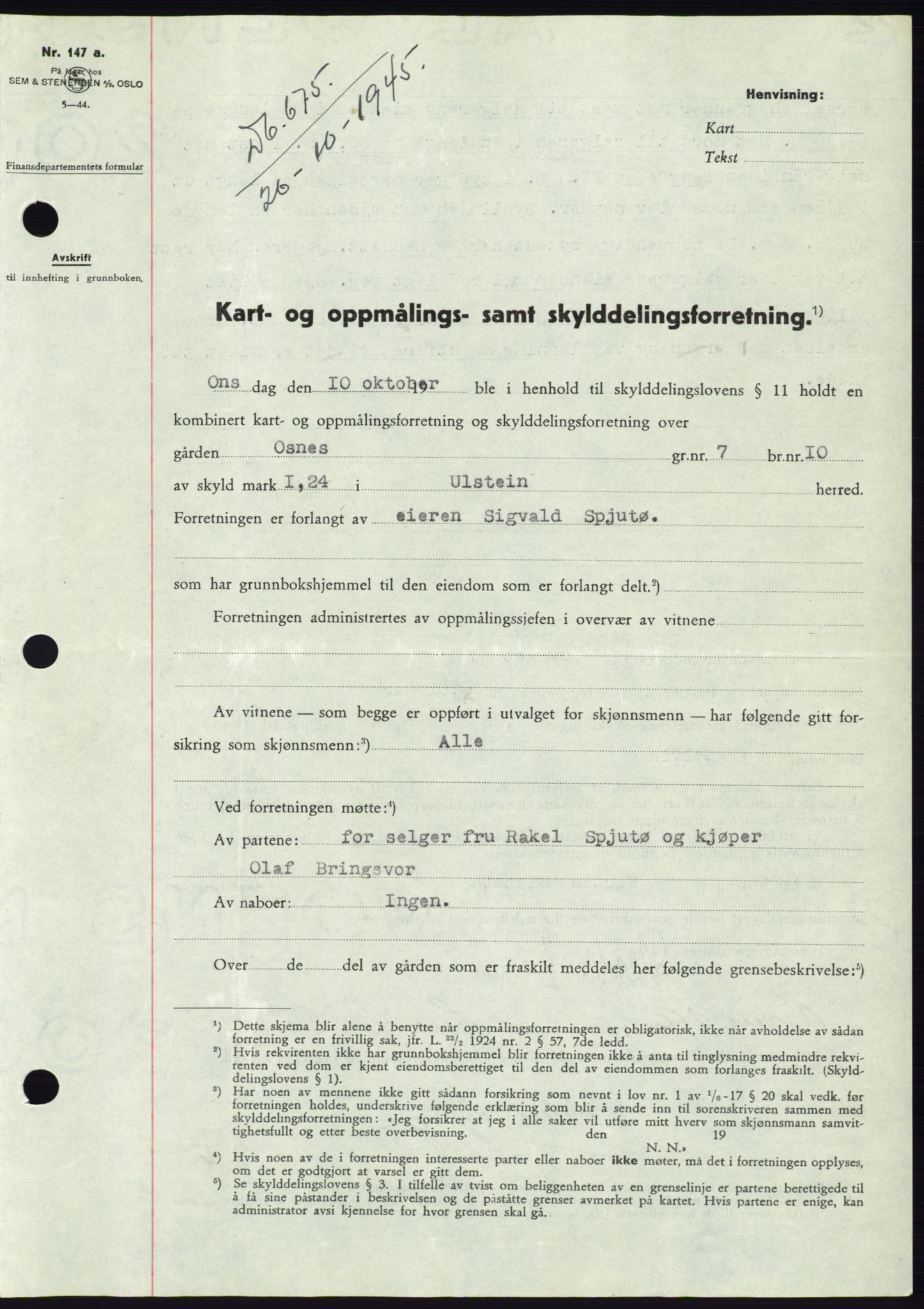 Søre Sunnmøre sorenskriveri, AV/SAT-A-4122/1/2/2C/L0077: Mortgage book no. 3A, 1945-1946, Diary no: : 675/1945