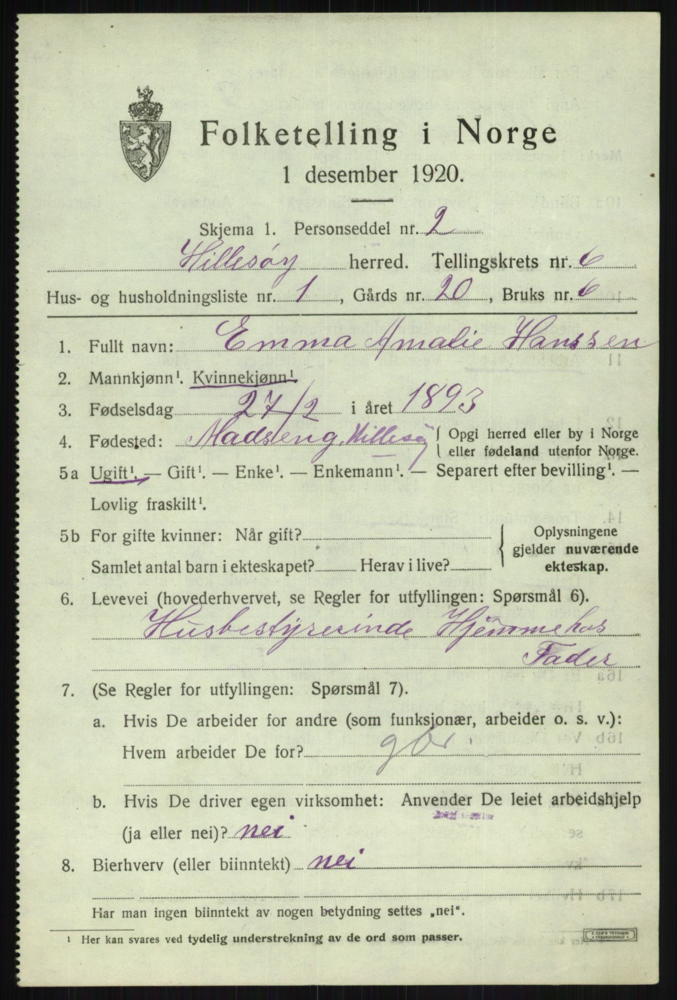 SATØ, 1920 census for Hillesøy, 1920, p. 2905