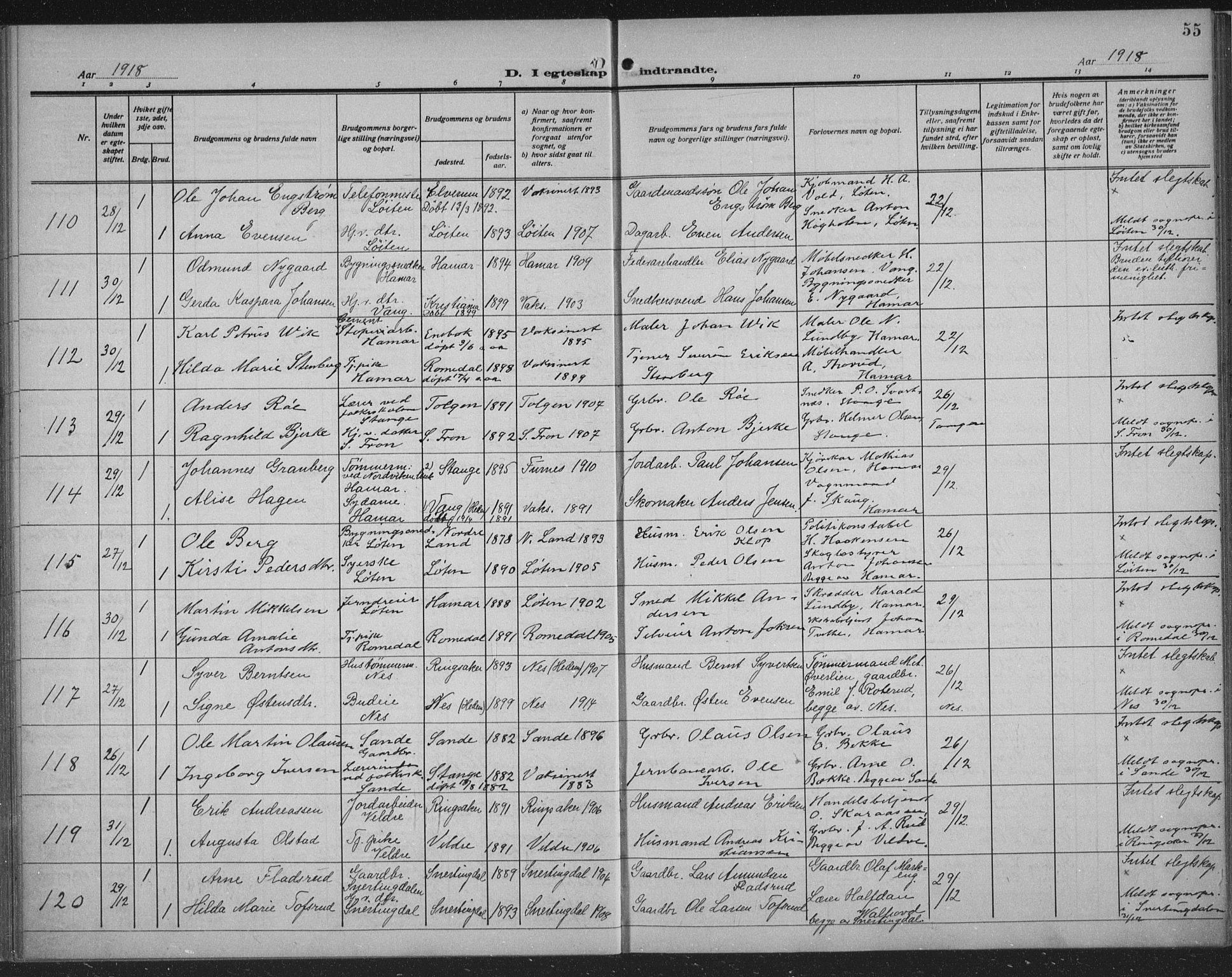Hamar prestekontor, AV/SAH-DOMPH-002/H/Ha/Haa/L0003: Parish register (official) no. 3, 1913-1930, p. 55