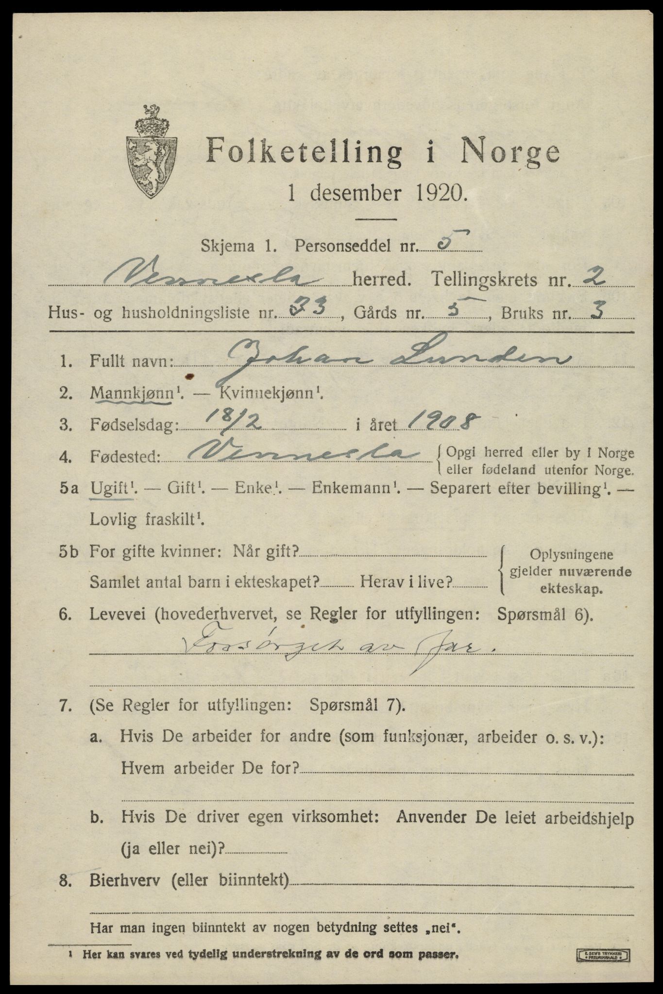 SAK, 1920 census for Vennesla, 1920, p. 1920