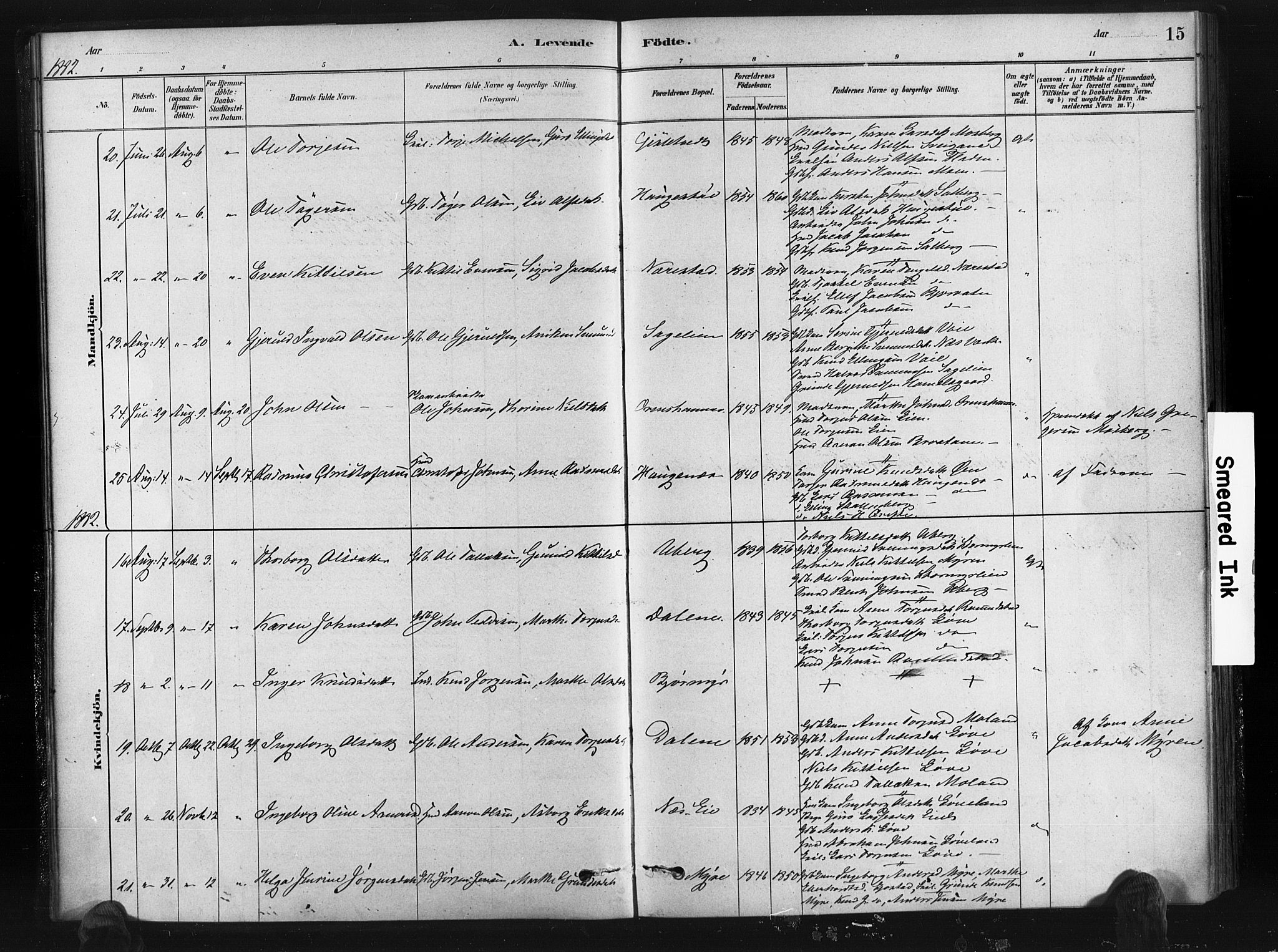 Gjerstad sokneprestkontor, AV/SAK-1111-0014/F/Fa/Fab/L0004: Parish register (official) no. A 4, 1879-1890, p. 15