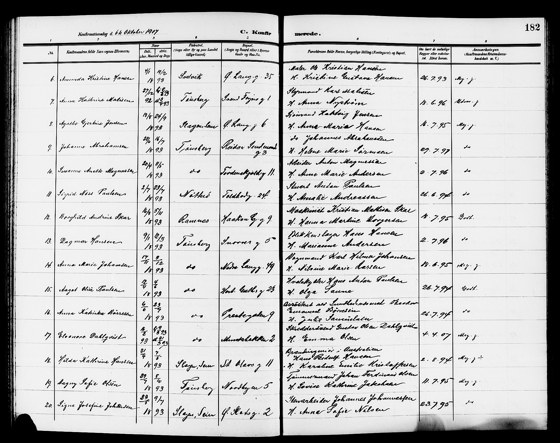 Tønsberg kirkebøker, AV/SAKO-A-330/G/Ga/L0008: Parish register (copy) no. 8, 1905-1912, p. 182