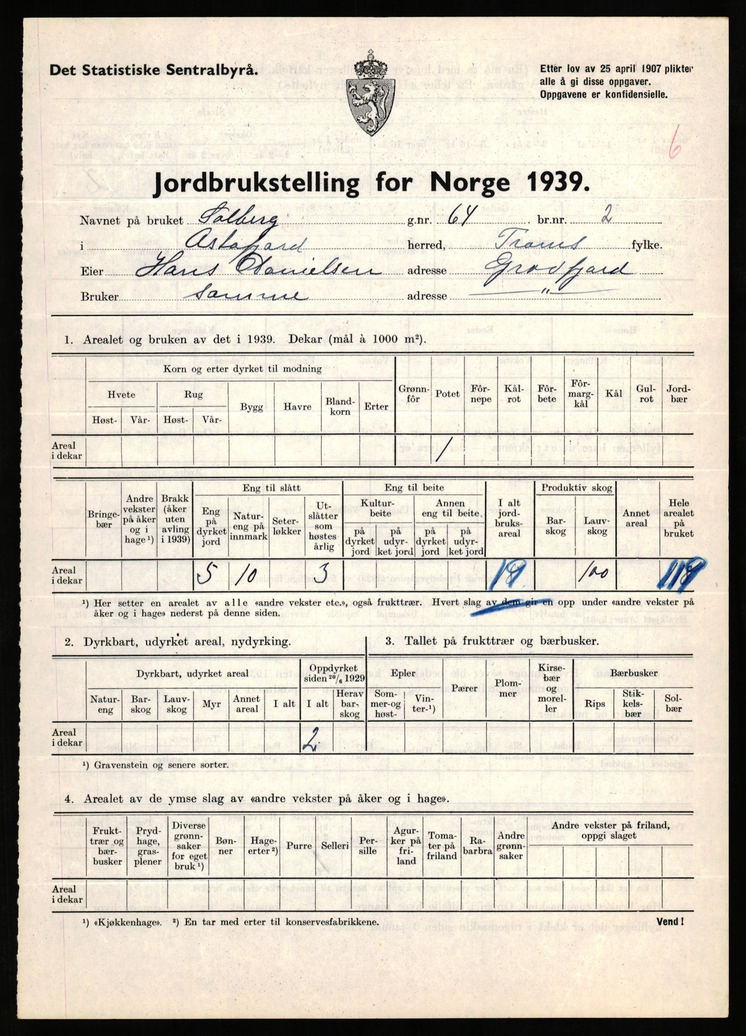 Statistisk sentralbyrå, Næringsøkonomiske emner, Jordbruk, skogbruk, jakt, fiske og fangst, AV/RA-S-2234/G/Gb/L0339: Troms: Andørja, Astafjord og Lavangen, 1939, p. 82