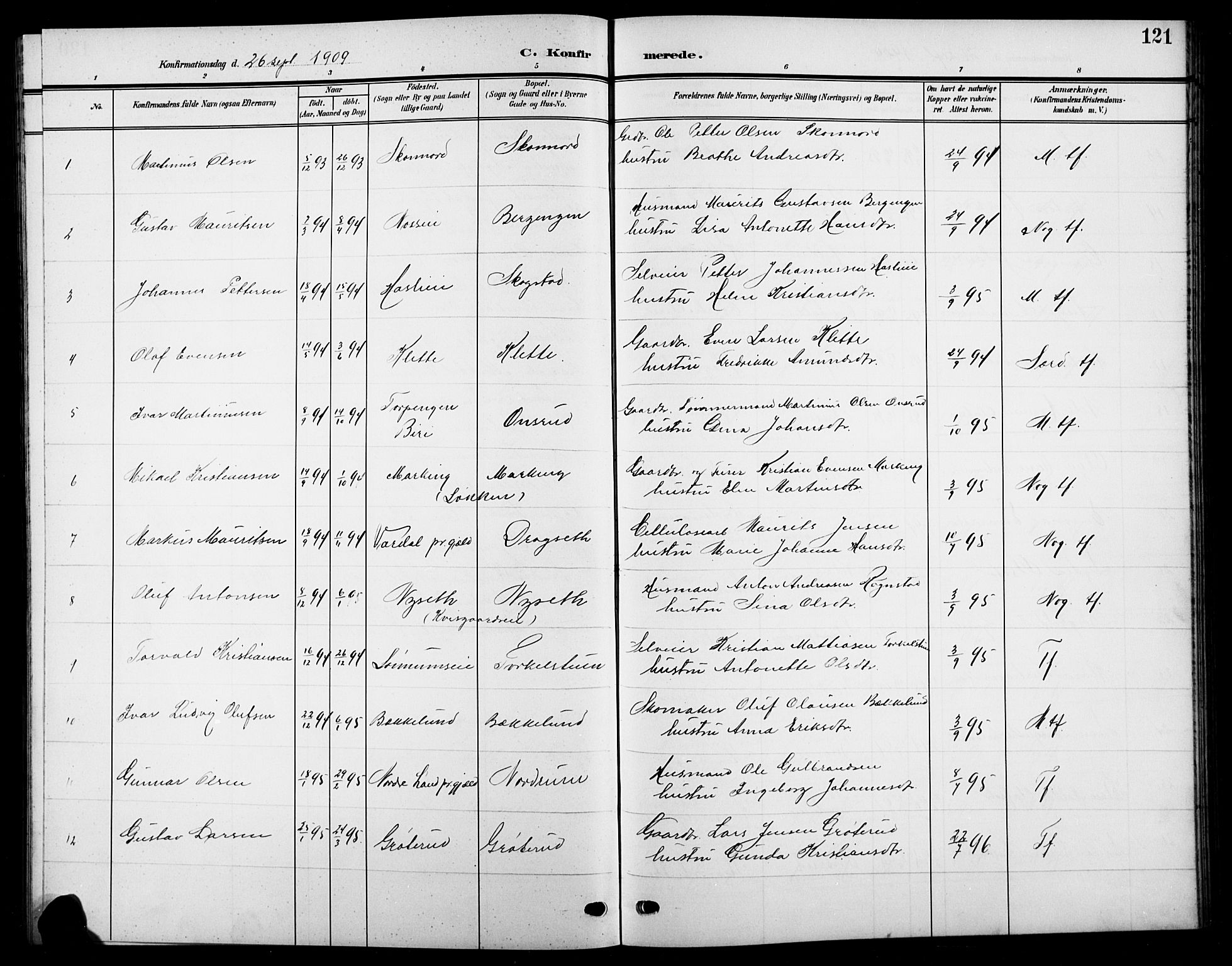Biri prestekontor, SAH/PREST-096/H/Ha/Hab/L0005: Parish register (copy) no. 5, 1906-1919, p. 121