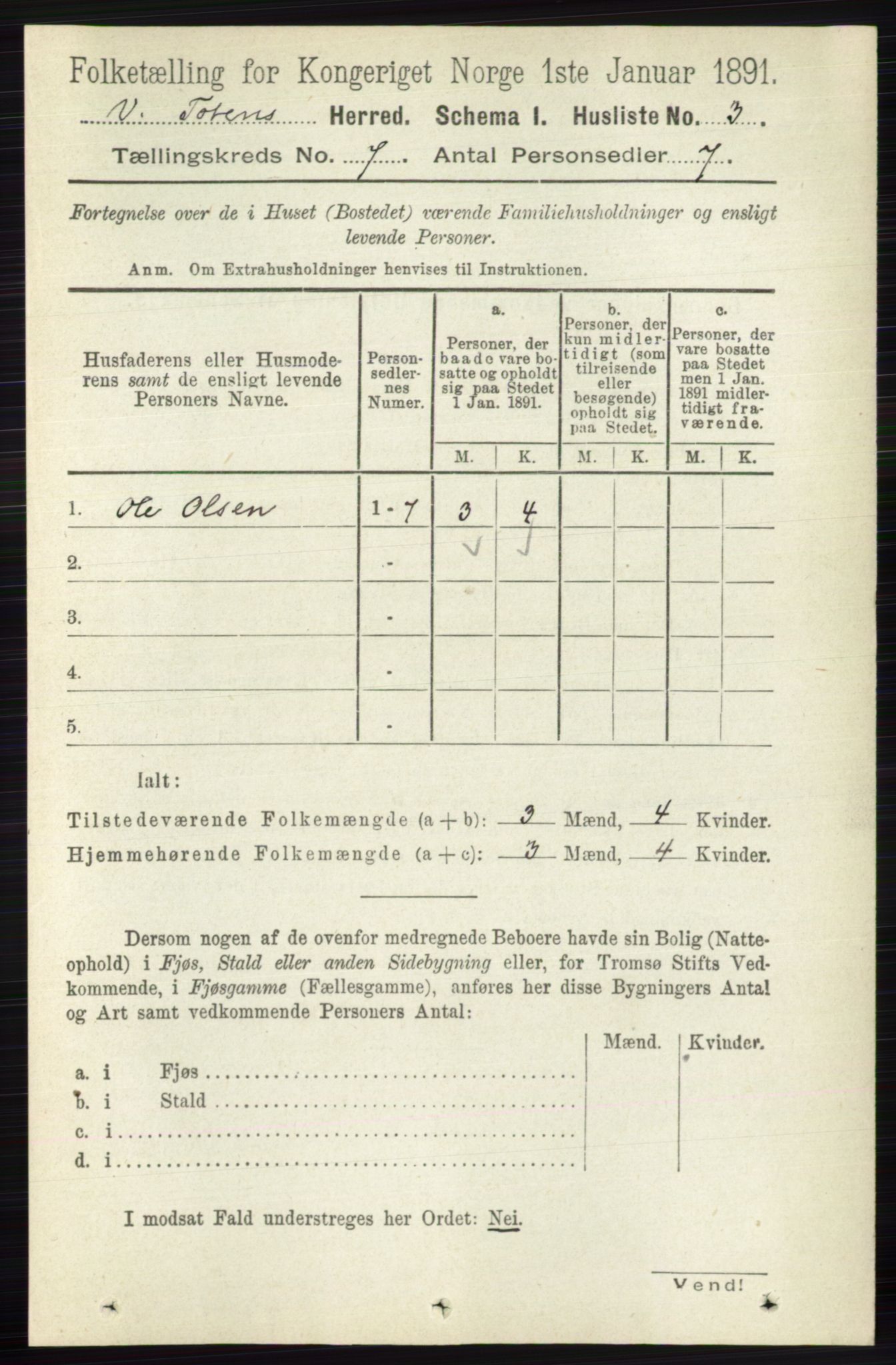 RA, 1891 census for 0529 Vestre Toten, 1891, p. 4281