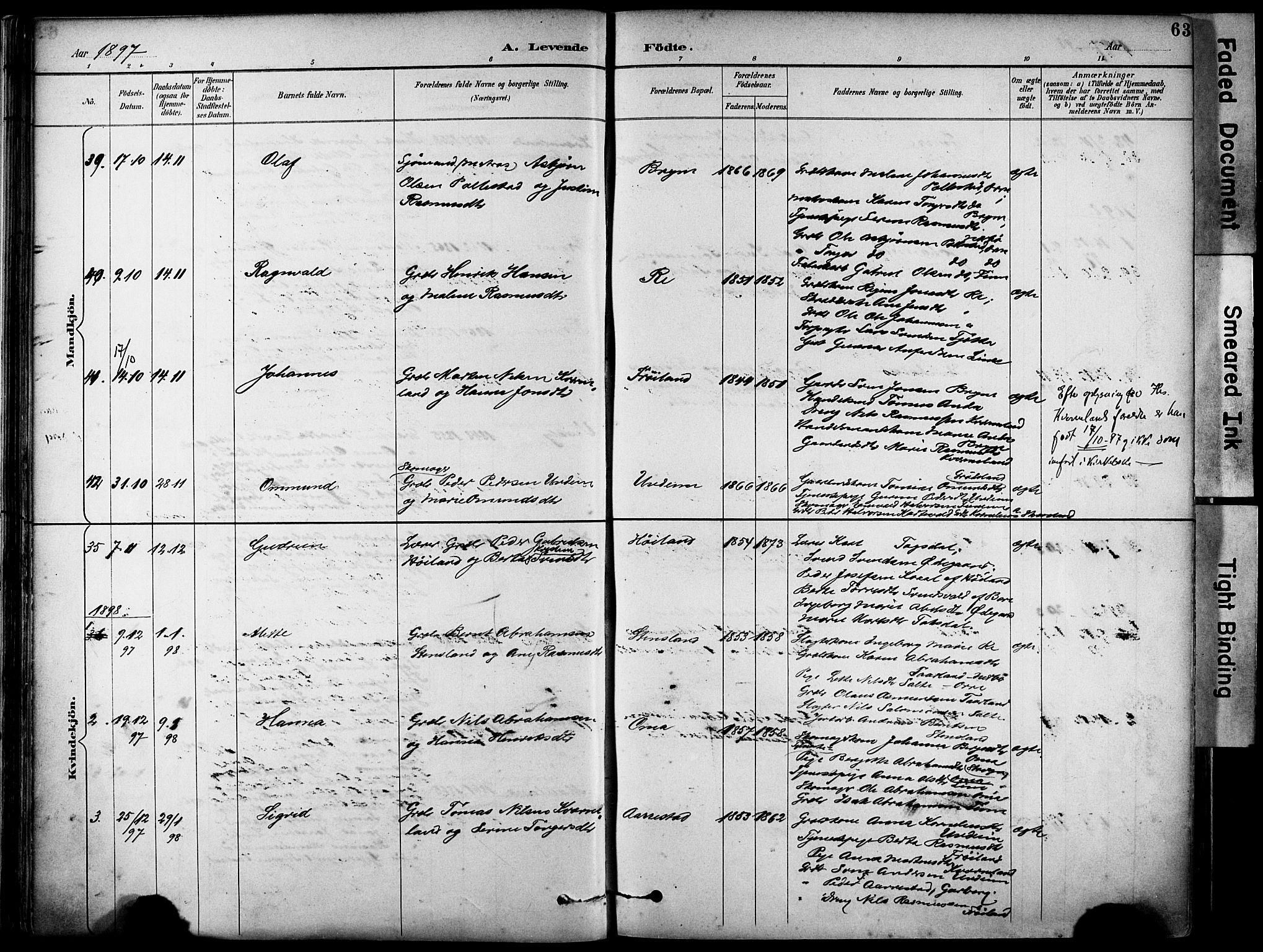 Lye sokneprestkontor, SAST/A-101794/001/30BA/L0011: Parish register (official) no. A 9, 1893-1903, p. 63