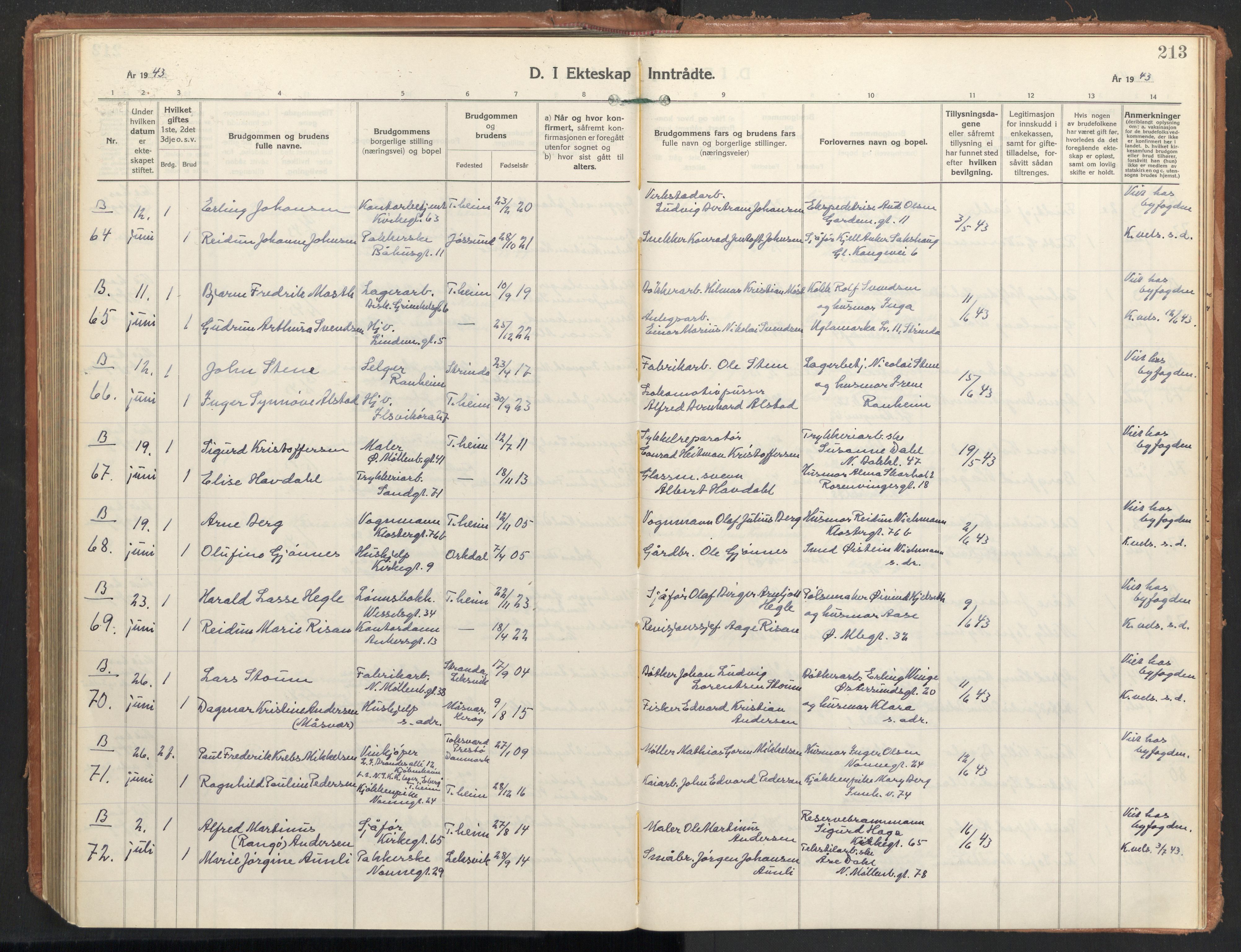 Ministerialprotokoller, klokkerbøker og fødselsregistre - Sør-Trøndelag, AV/SAT-A-1456/604/L0209: Parish register (official) no. 604A29, 1931-1945, p. 213