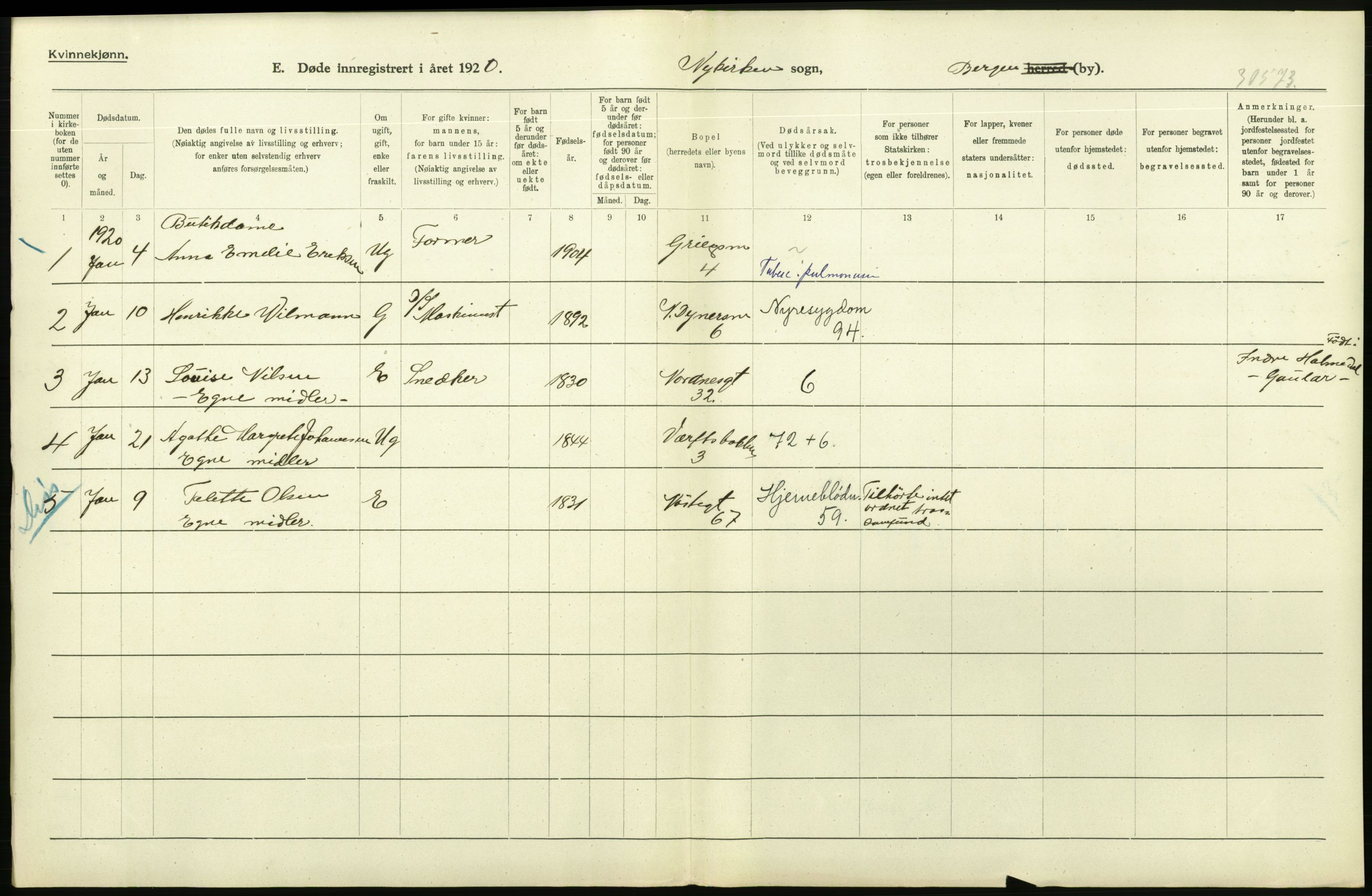 Statistisk sentralbyrå, Sosiodemografiske emner, Befolkning, AV/RA-S-2228/D/Df/Dfb/Dfbj/L0042: Bergen: Gifte, døde, dødfødte., 1920, p. 566