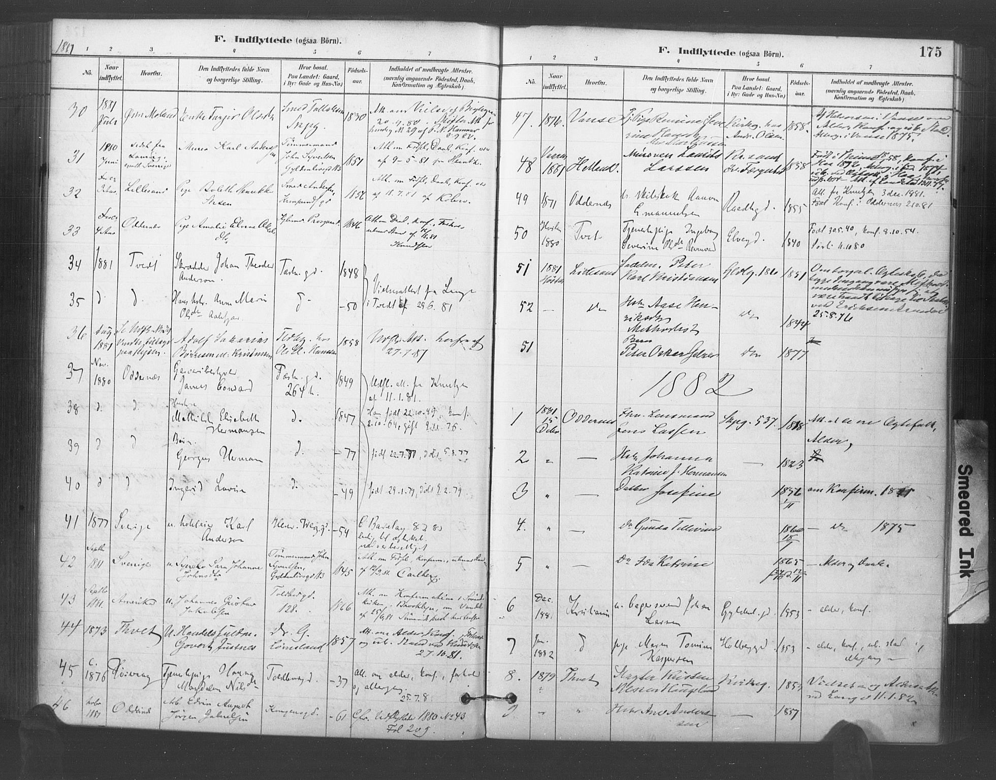 Kristiansand domprosti, AV/SAK-1112-0006/F/Fa/L0018: Parish register (official) no. A 17, 1880-1892, p. 175