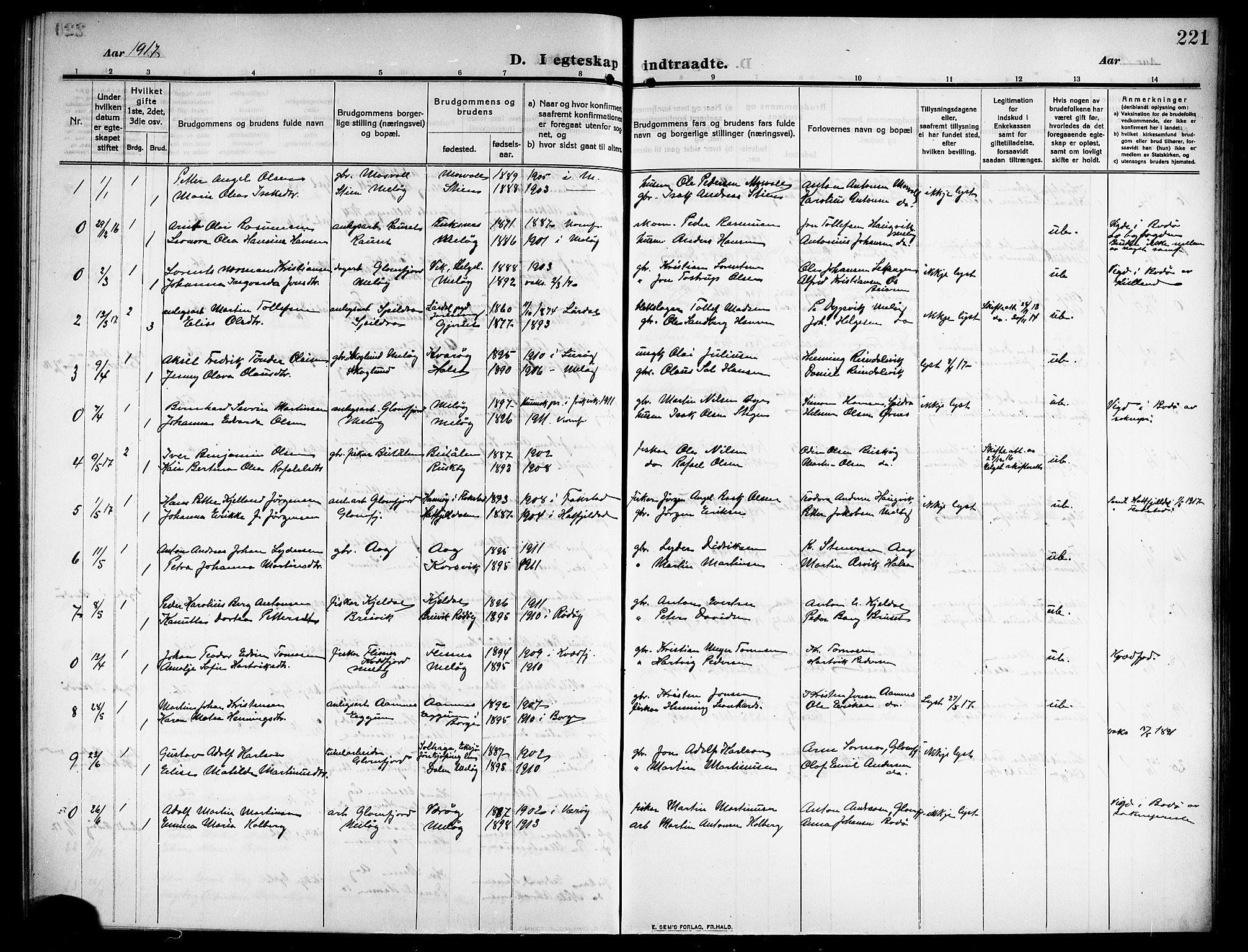 Ministerialprotokoller, klokkerbøker og fødselsregistre - Nordland, SAT/A-1459/843/L0639: Parish register (copy) no. 843C08, 1908-1924, p. 221