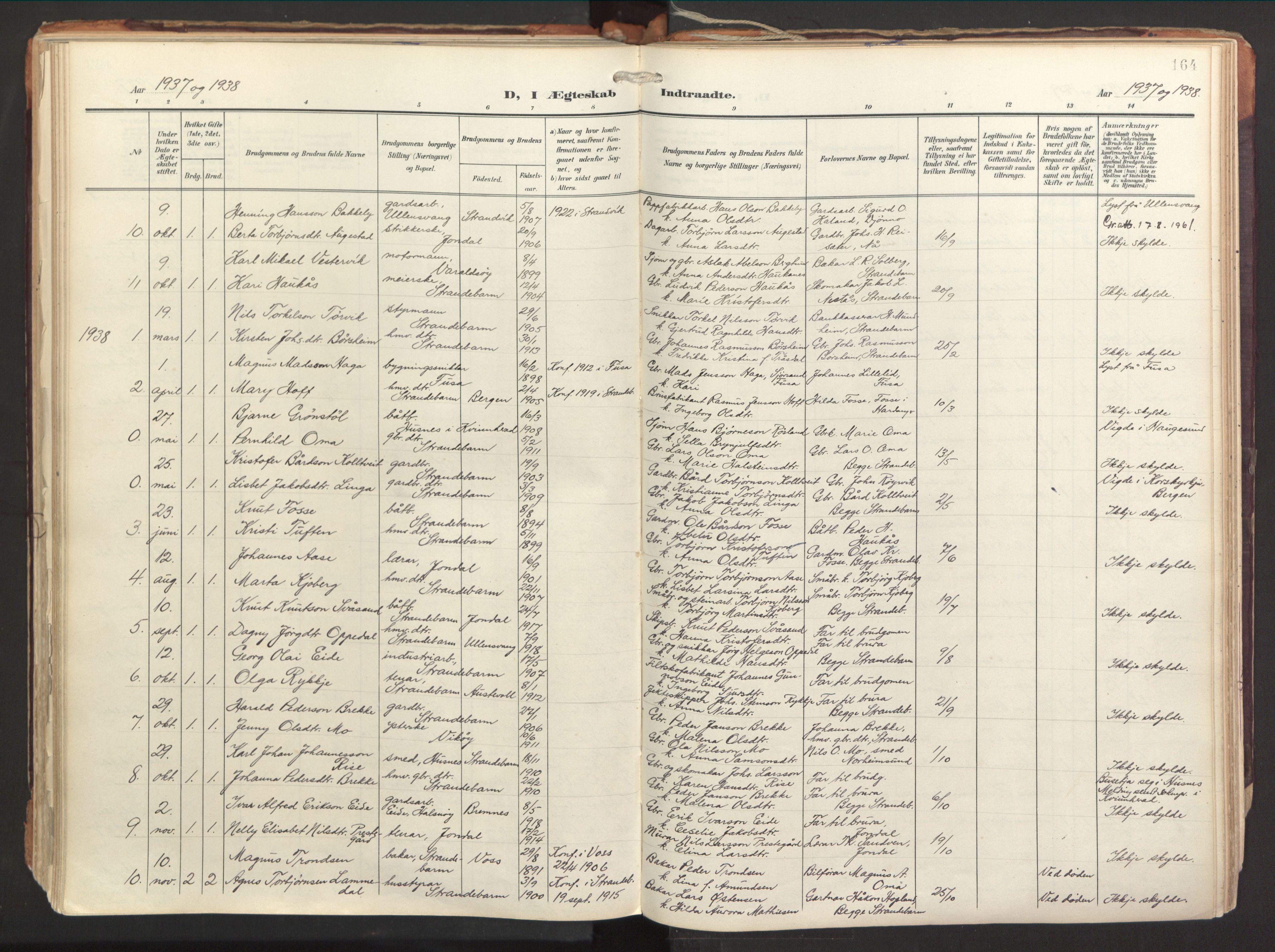 Strandebarm sokneprestembete, SAB/A-78401/H/Haa: Parish register (official) no. B 2, 1909-1941, p. 164