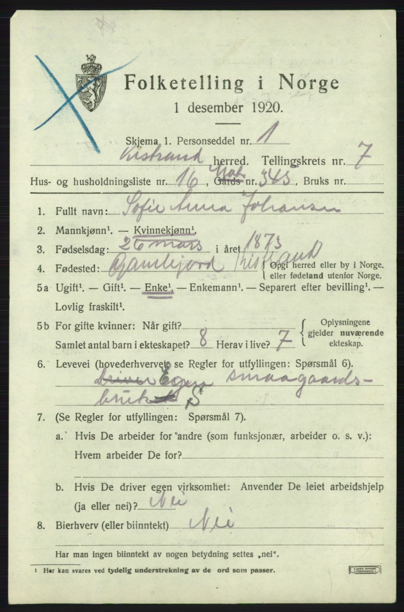 SATØ, 1920 census for Kistrand, 1920, p. 4412
