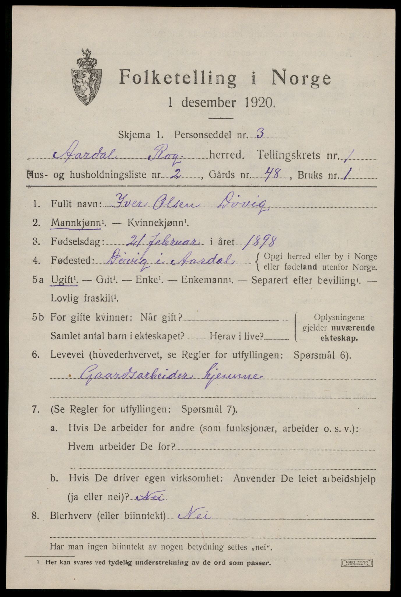 SAST, 1920 census for Årdal, 1920, p. 368