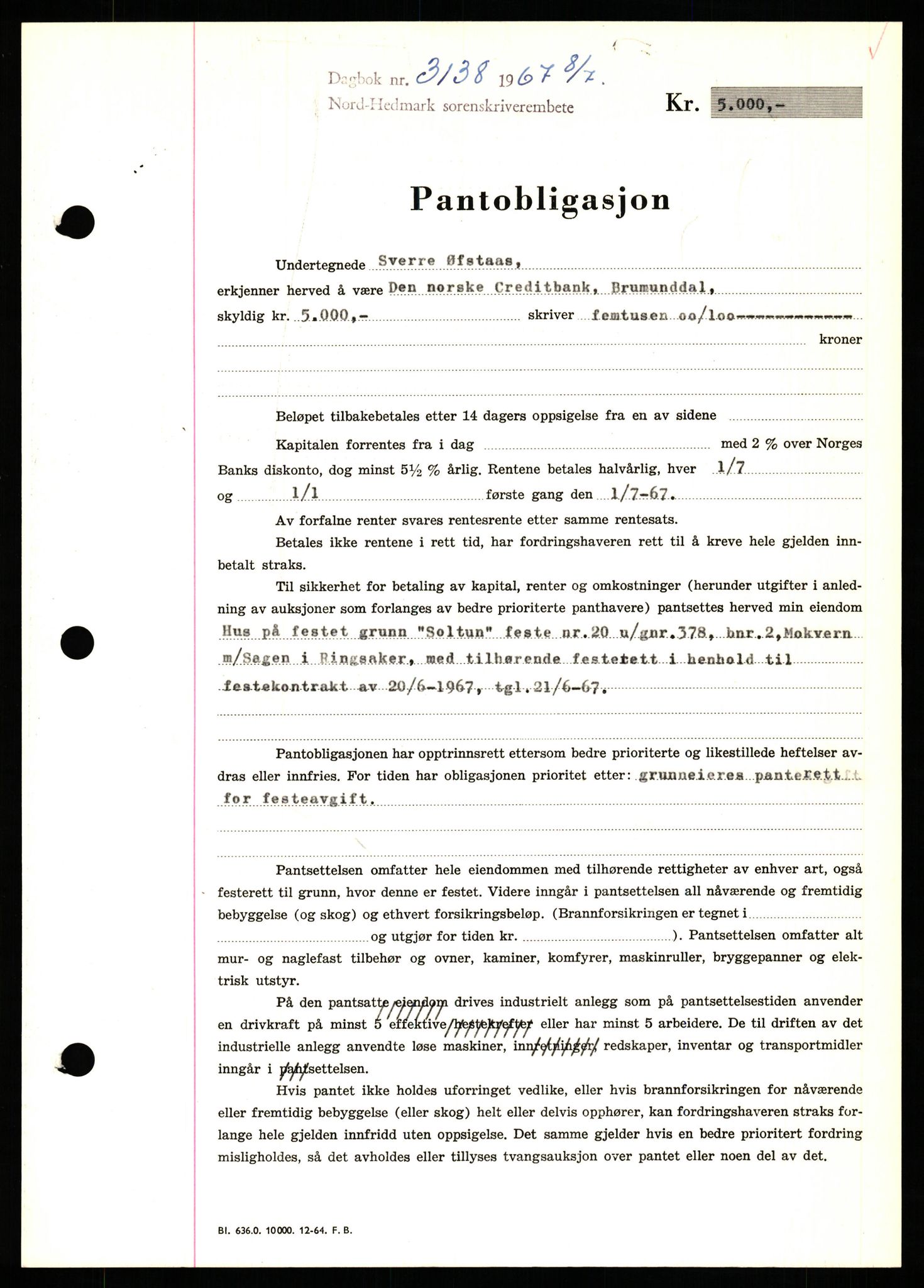 Nord-Hedmark sorenskriveri, SAH/TING-012/H/Hb/Hbf/L0071: Mortgage book no. B71, 1967-1967, Diary no: : 3138/1967