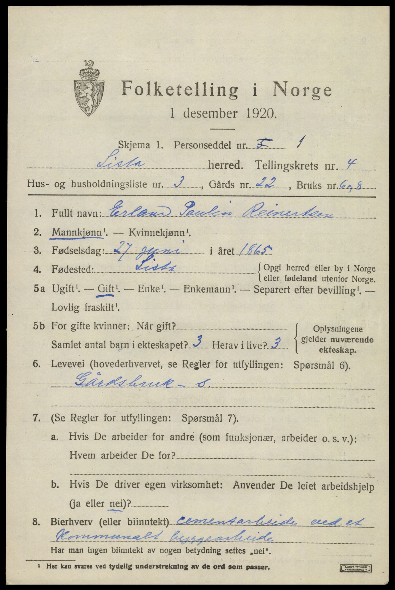 SAK, 1920 census for Lista, 1920, p. 4743