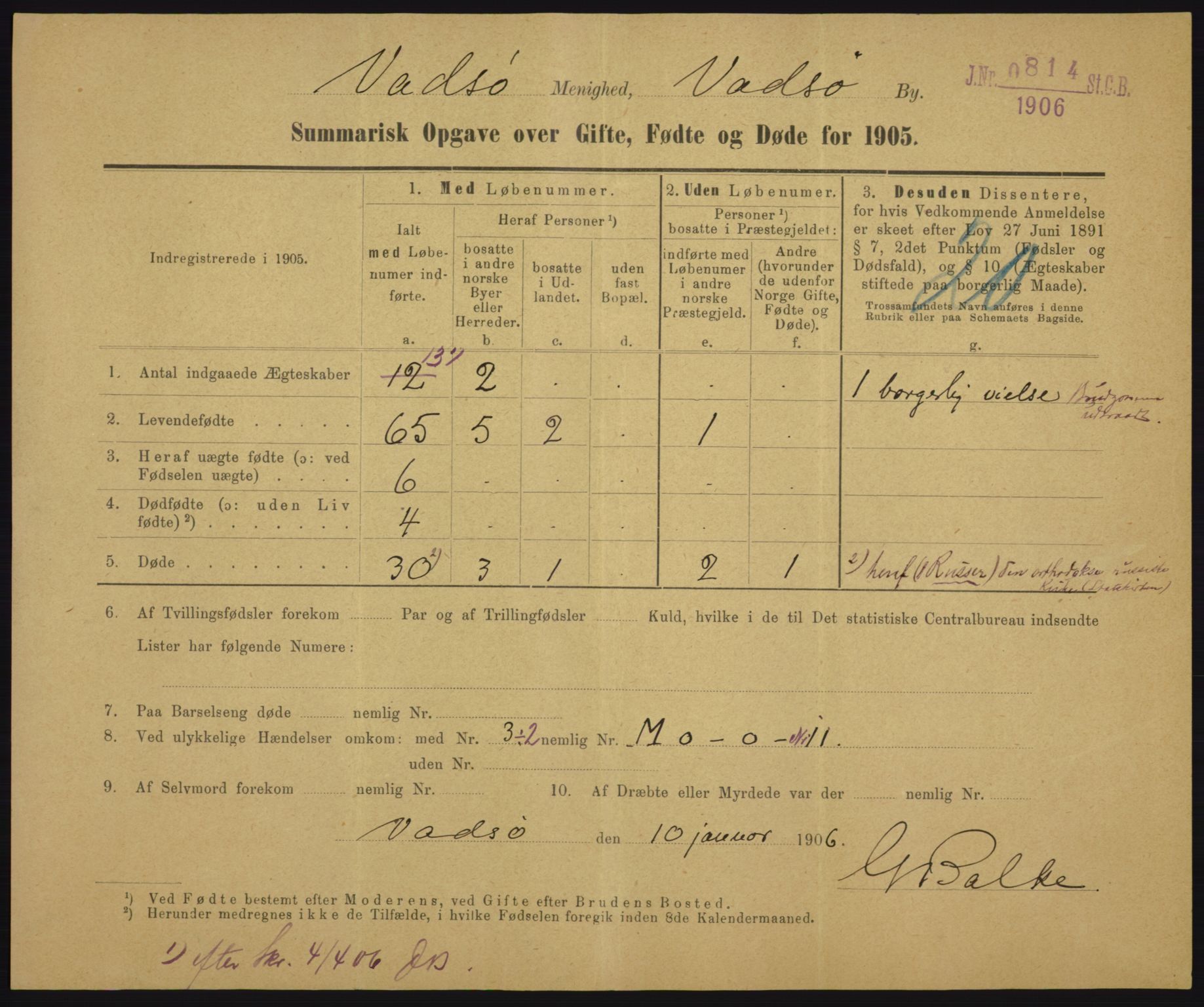 Statistisk sentralbyrå, Sosiodemografiske emner, Befolkning, RA/S-2228/D/Df/Dfa/Dfac/L0048: Summariske oppgaver over gifte, fødte, døde. Byer., 1905, p. 249