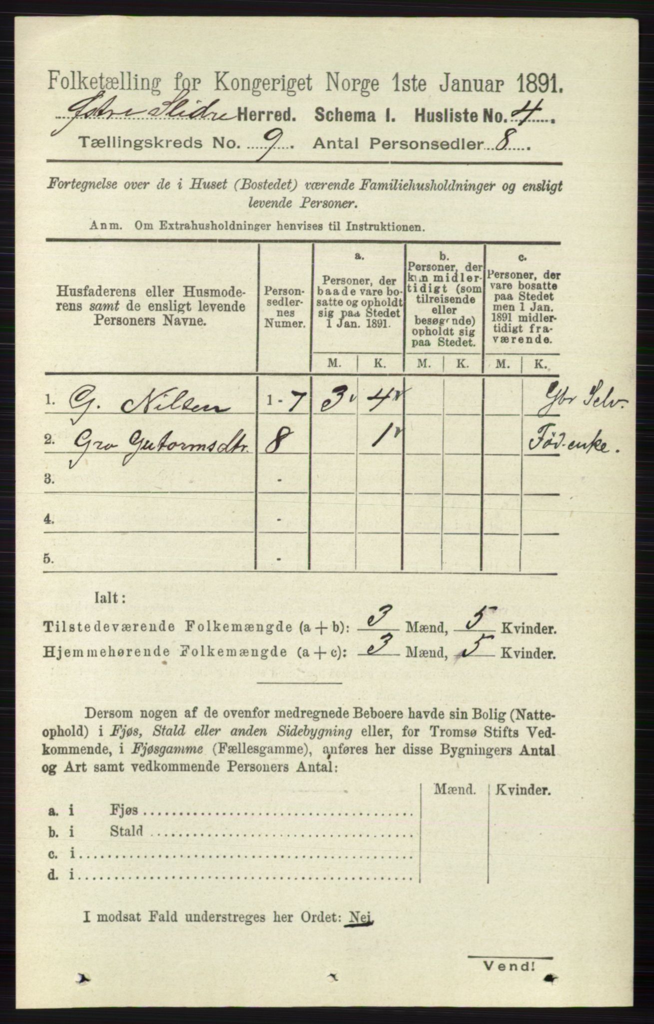 RA, 1891 census for 0544 Øystre Slidre, 1891, p. 3019