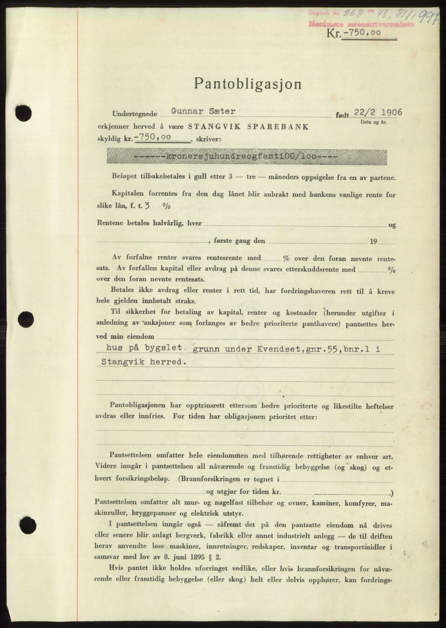 Nordmøre sorenskriveri, AV/SAT-A-4132/1/2/2Ca: Mortgage book no. B97, 1947-1948, Diary no: : 263/1948