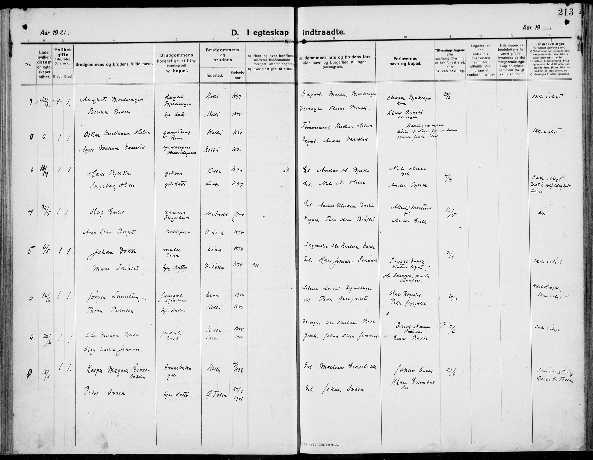 Kolbu prestekontor, SAH/PREST-110/H/Ha/Haa/L0002: Parish register (official) no. 2, 1912-1926, p. 213