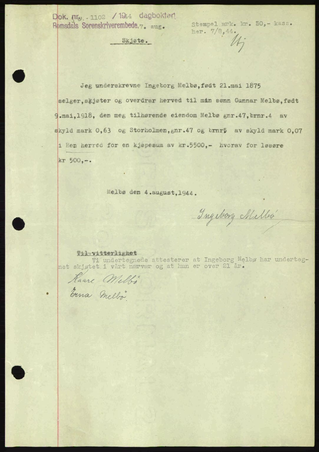 Romsdal sorenskriveri, SAT/A-4149/1/2/2C: Mortgage book no. A16, 1944-1944, Diary no: : 1102/1944