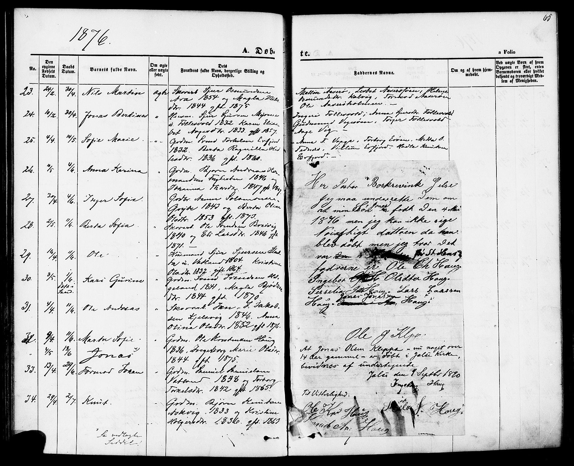 Jelsa sokneprestkontor, AV/SAST-A-101842/01/IV: Parish register (official) no. A 8, 1867-1883, p. 65