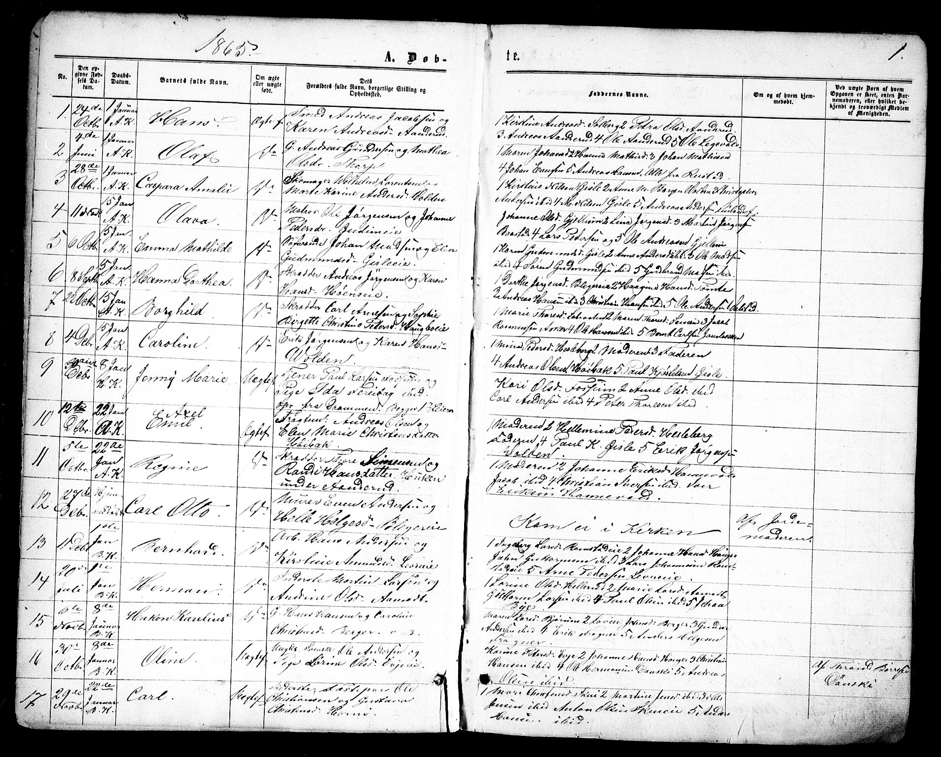 Asker prestekontor Kirkebøker, AV/SAO-A-10256a/F/Fa/L0008: Parish register (official) no. I 8, 1865-1878, p. 1