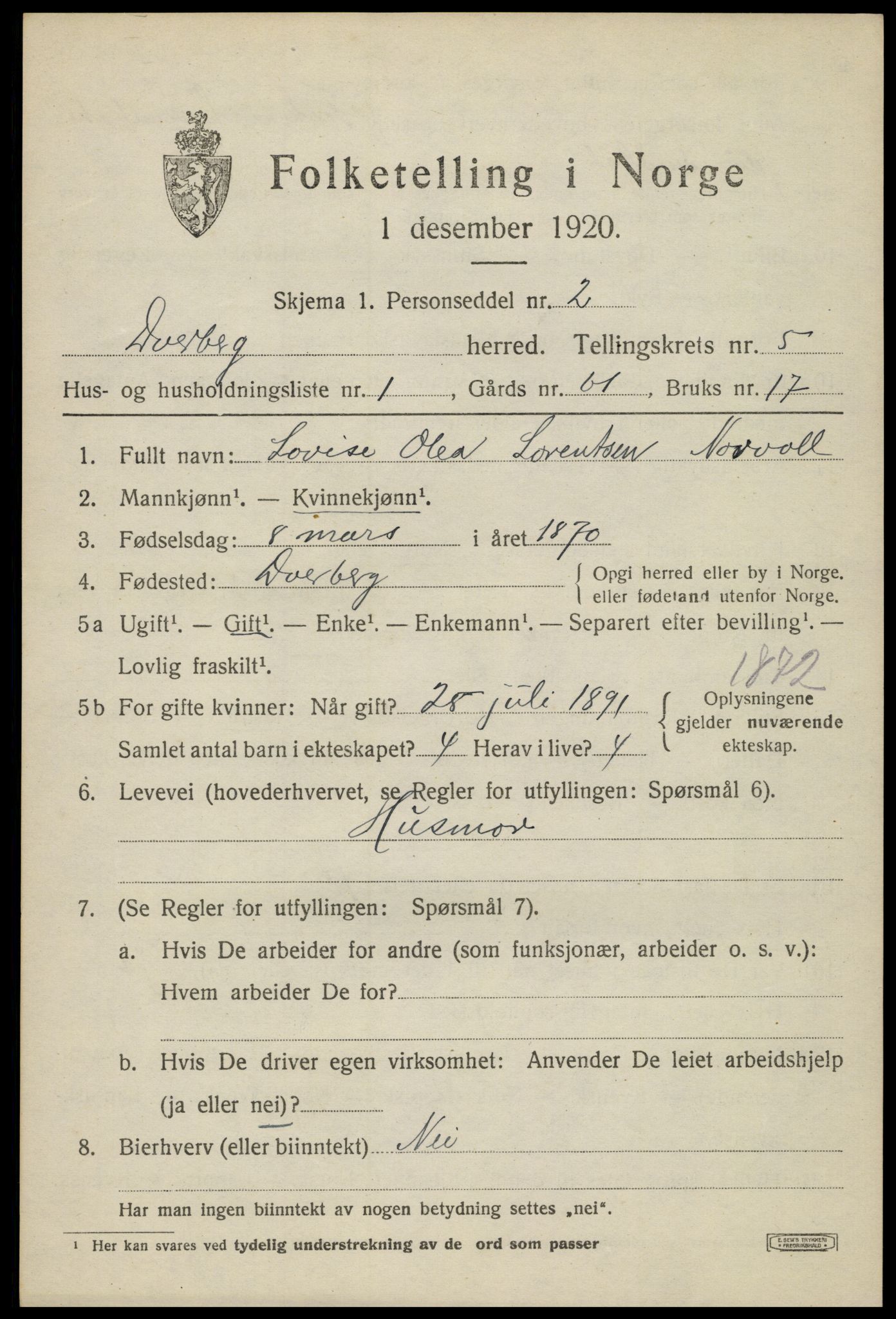 SAT, 1920 census for Dverberg, 1920, p. 5858