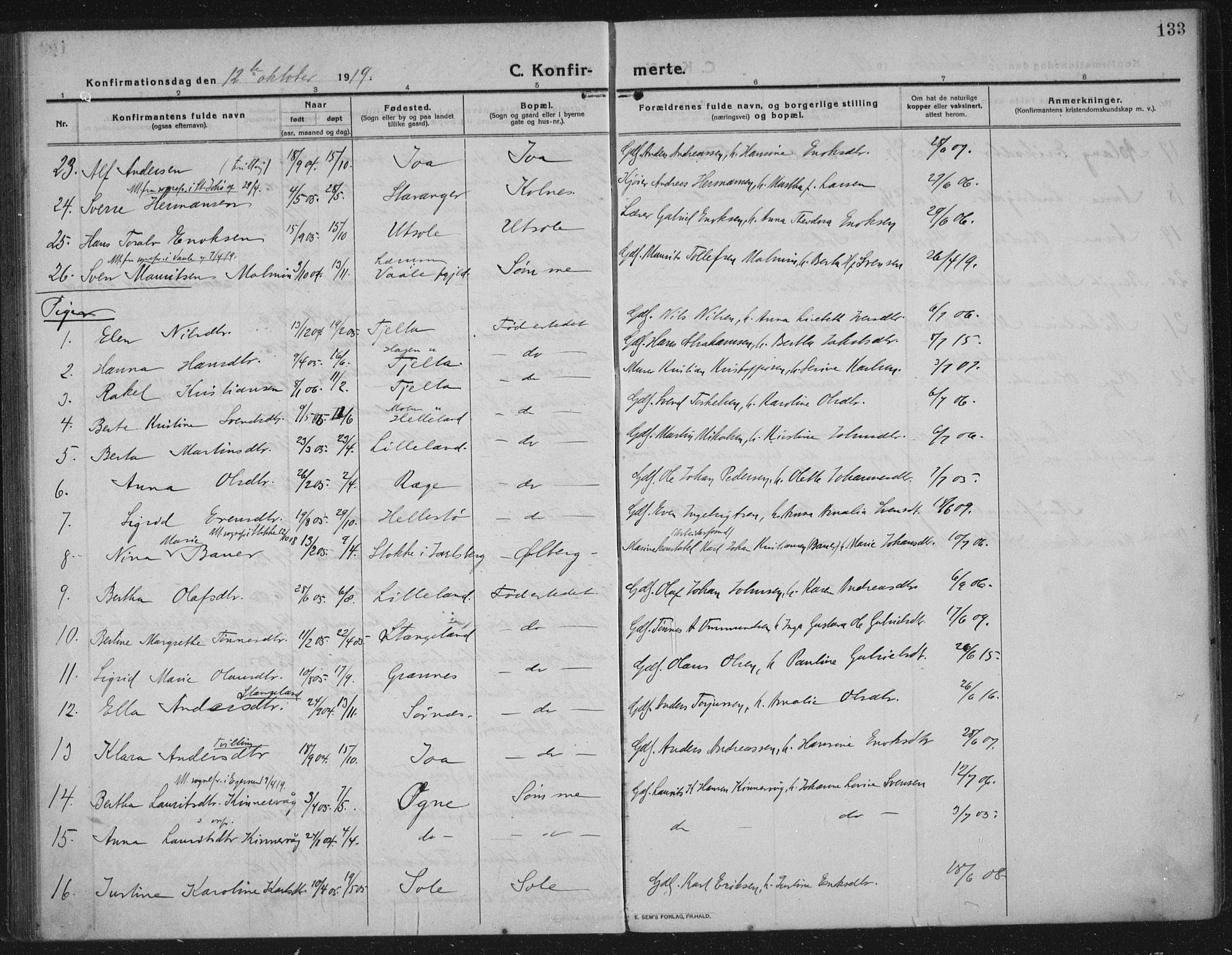 Håland sokneprestkontor, AV/SAST-A-101802/002/C/L0001: Parish register (official) no. A 14, 1913-1927, p. 133