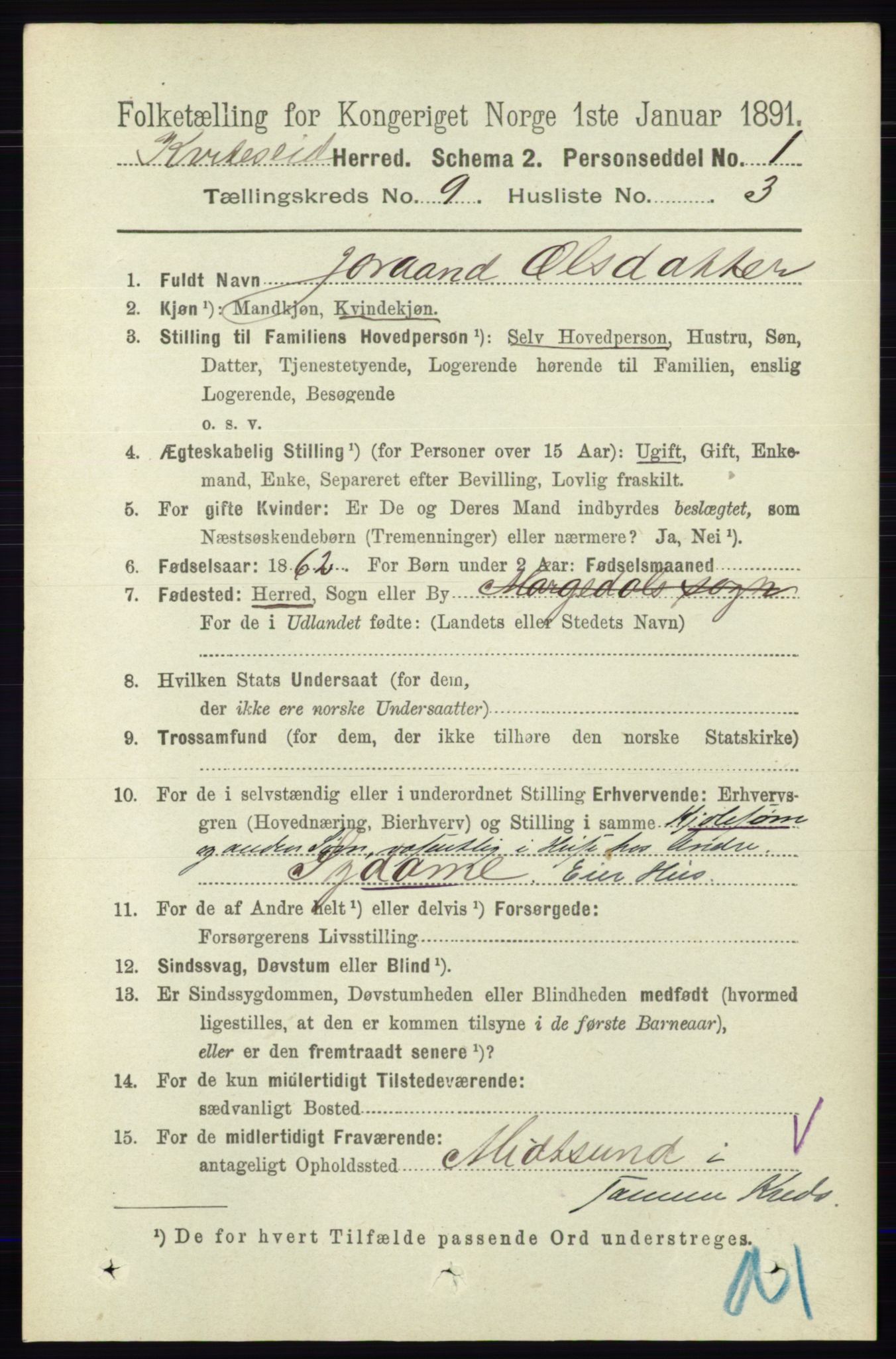 RA, 1891 census for 0829 Kviteseid, 1891, p. 1999