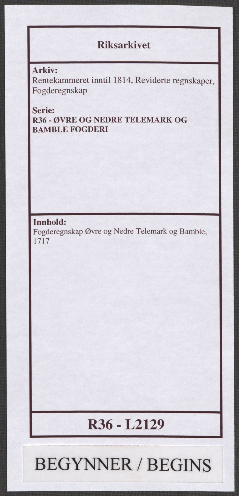 Rentekammeret inntil 1814, Reviderte regnskaper, Fogderegnskap, AV/RA-EA-4092/R36/L2129: Fogderegnskap Øvre og Nedre Telemark og Bamble, 1717, p. 1