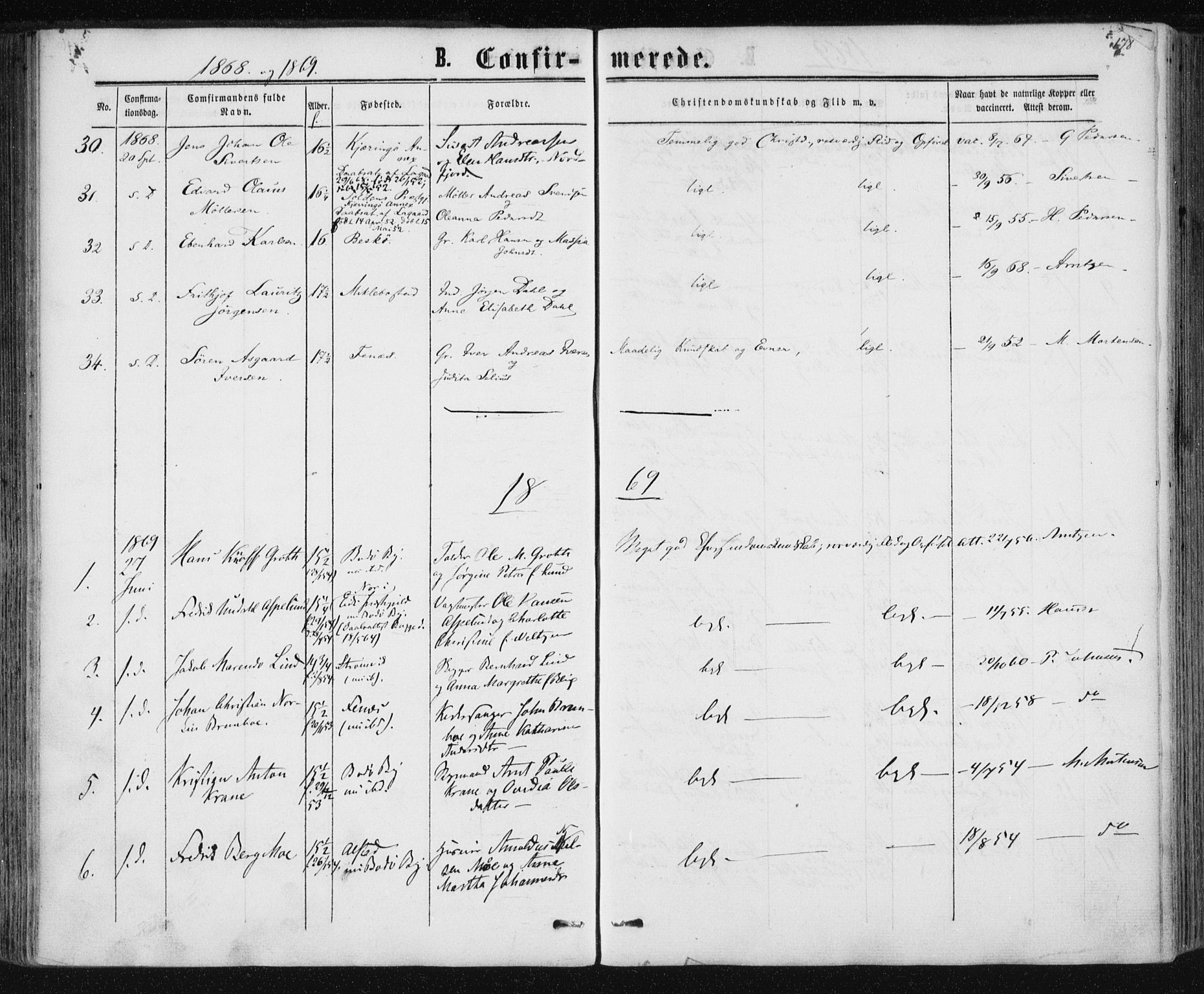 Ministerialprotokoller, klokkerbøker og fødselsregistre - Nordland, SAT/A-1459/801/L0008: Parish register (official) no. 801A08, 1864-1875, p. 178