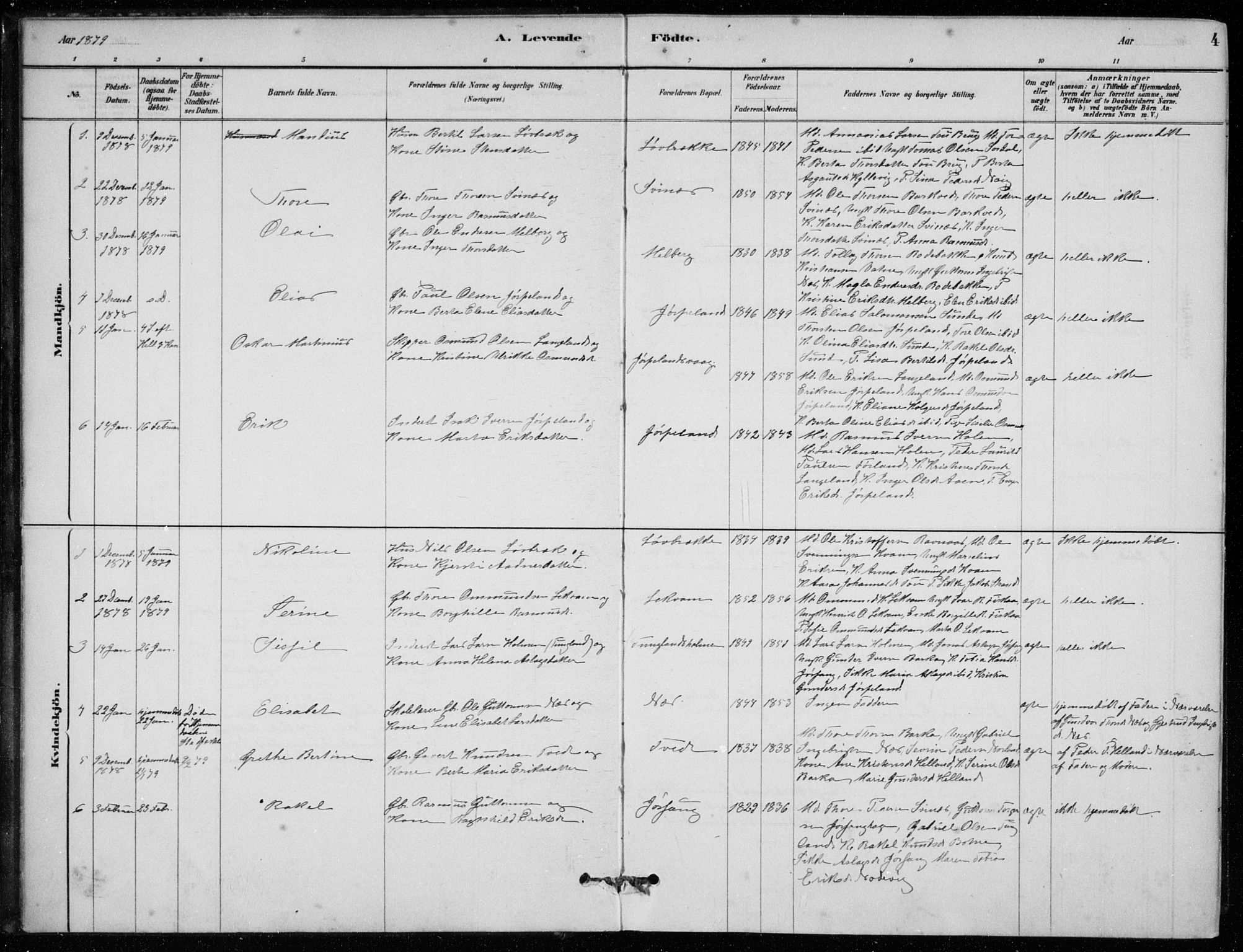 Strand sokneprestkontor, AV/SAST-A-101828/H/Ha/Hab/L0004: Parish register (copy) no. B 4, 1878-1903, p. 4