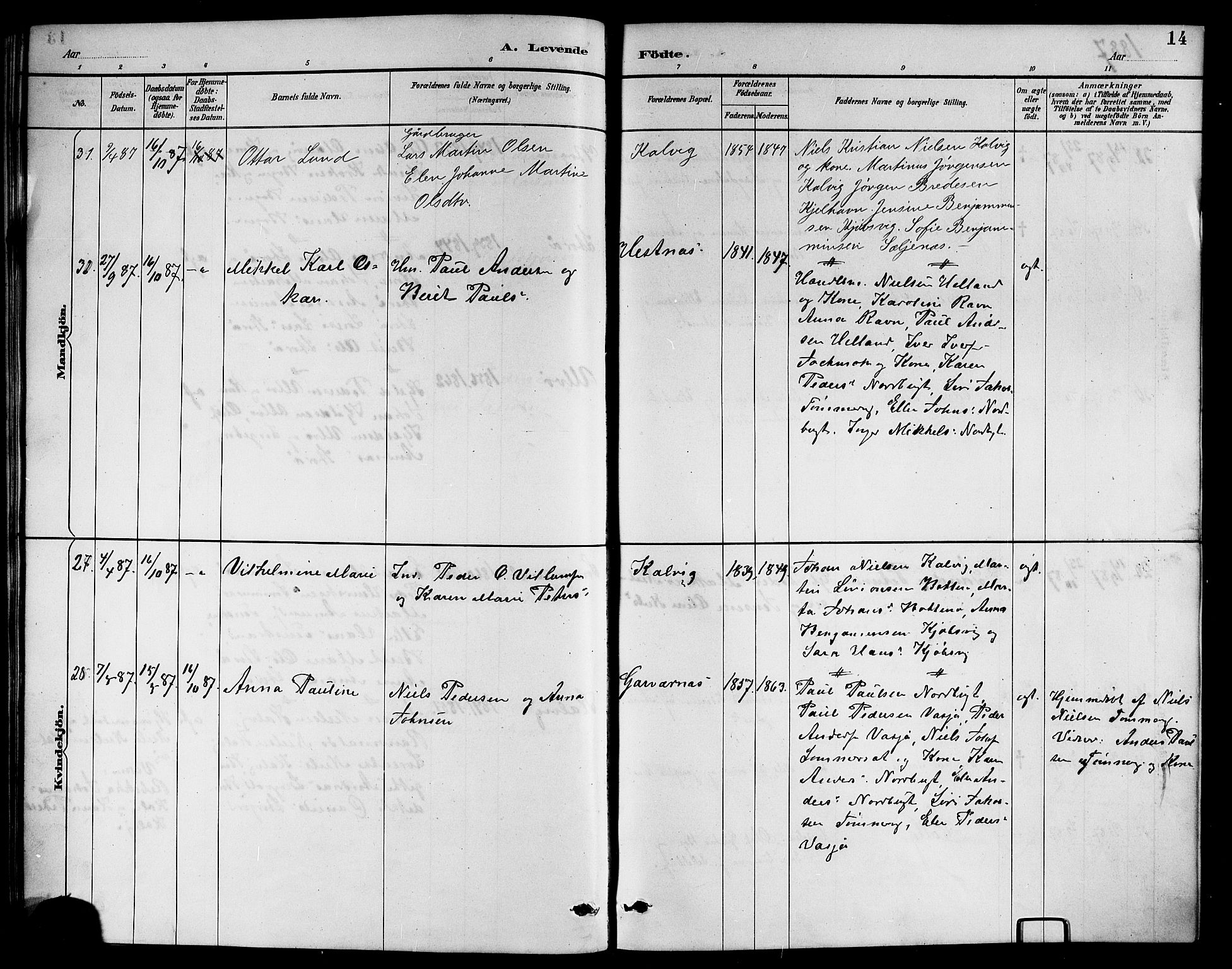 Ministerialprotokoller, klokkerbøker og fødselsregistre - Nordland, AV/SAT-A-1459/861/L0876: Parish register (copy) no. 861C02, 1887-1903, p. 14