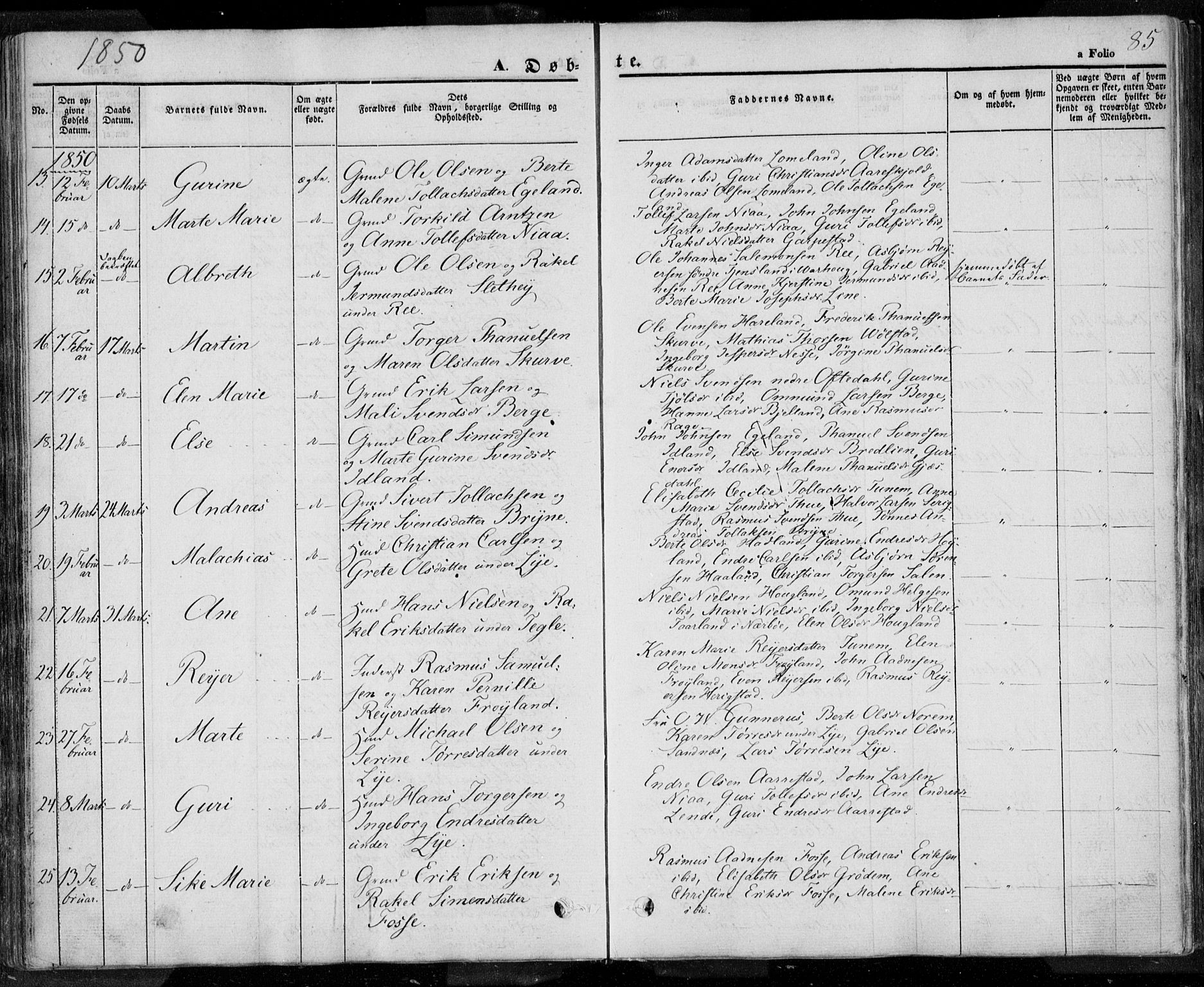 Lye sokneprestkontor, AV/SAST-A-101794/001/30BA/L0005: Parish register (official) no. A 5.1, 1842-1855, p. 85