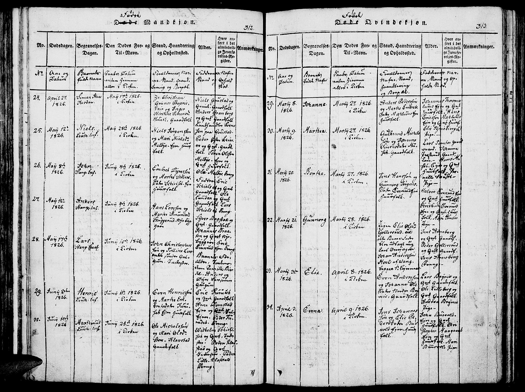 Romedal prestekontor, SAH/PREST-004/K/L0002: Parish register (official) no. 2, 1814-1828, p. 312-313