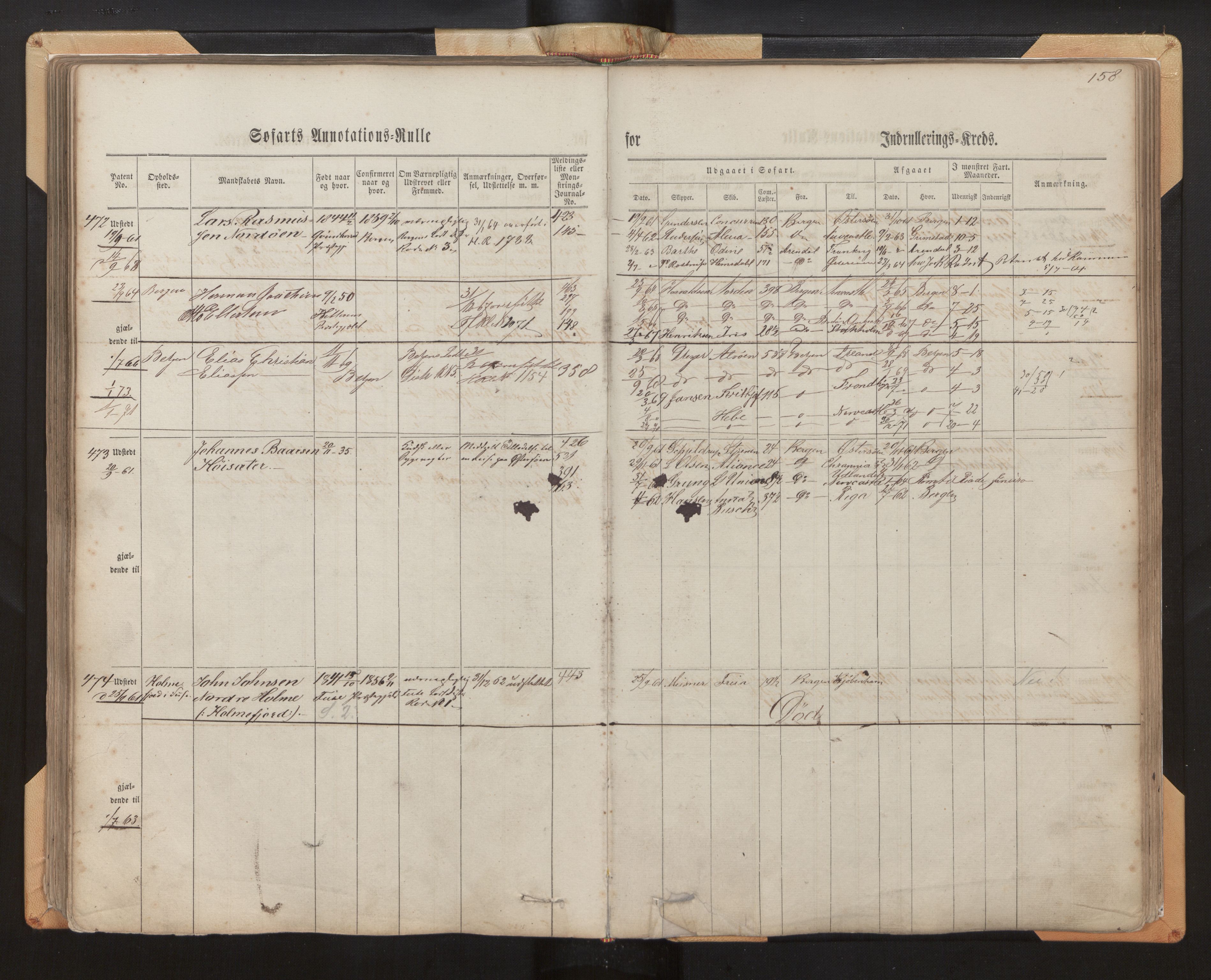 Innrulleringssjefen i Bergen, AV/SAB-A-100050/F/Fh/L0005: Sjøfarts- og annotasjonsrulle for Bergen krets, fol. 1 - 238, 1860-1867, p. 158