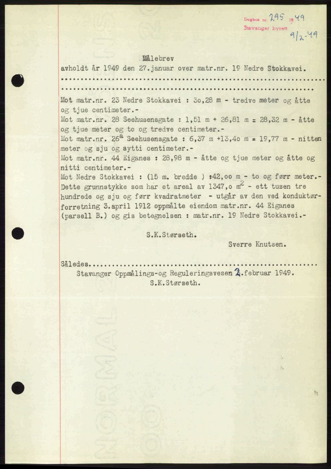 Stavanger byrett, SAST/A-100455/002/G/Gb/L0023: Mortgage book no. A12, 1948-1949, Diary no: : 295/1949