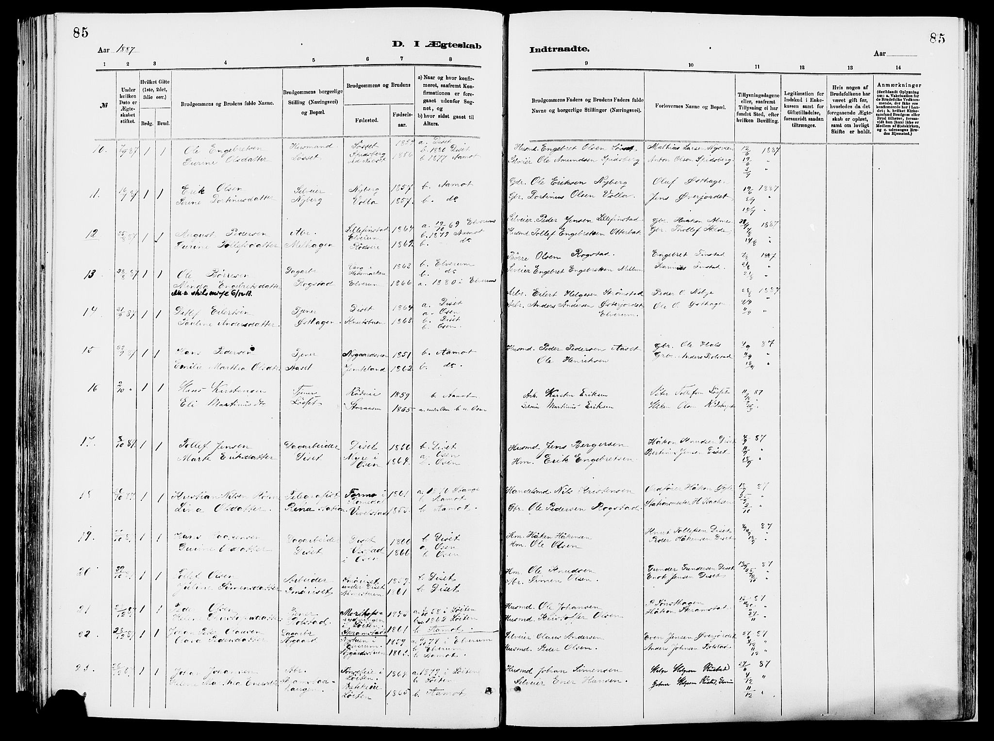 Åmot prestekontor, Hedmark, AV/SAH-PREST-056/H/Ha/Haa/L0010: Parish register (official) no. 10, 1884-1889, p. 85