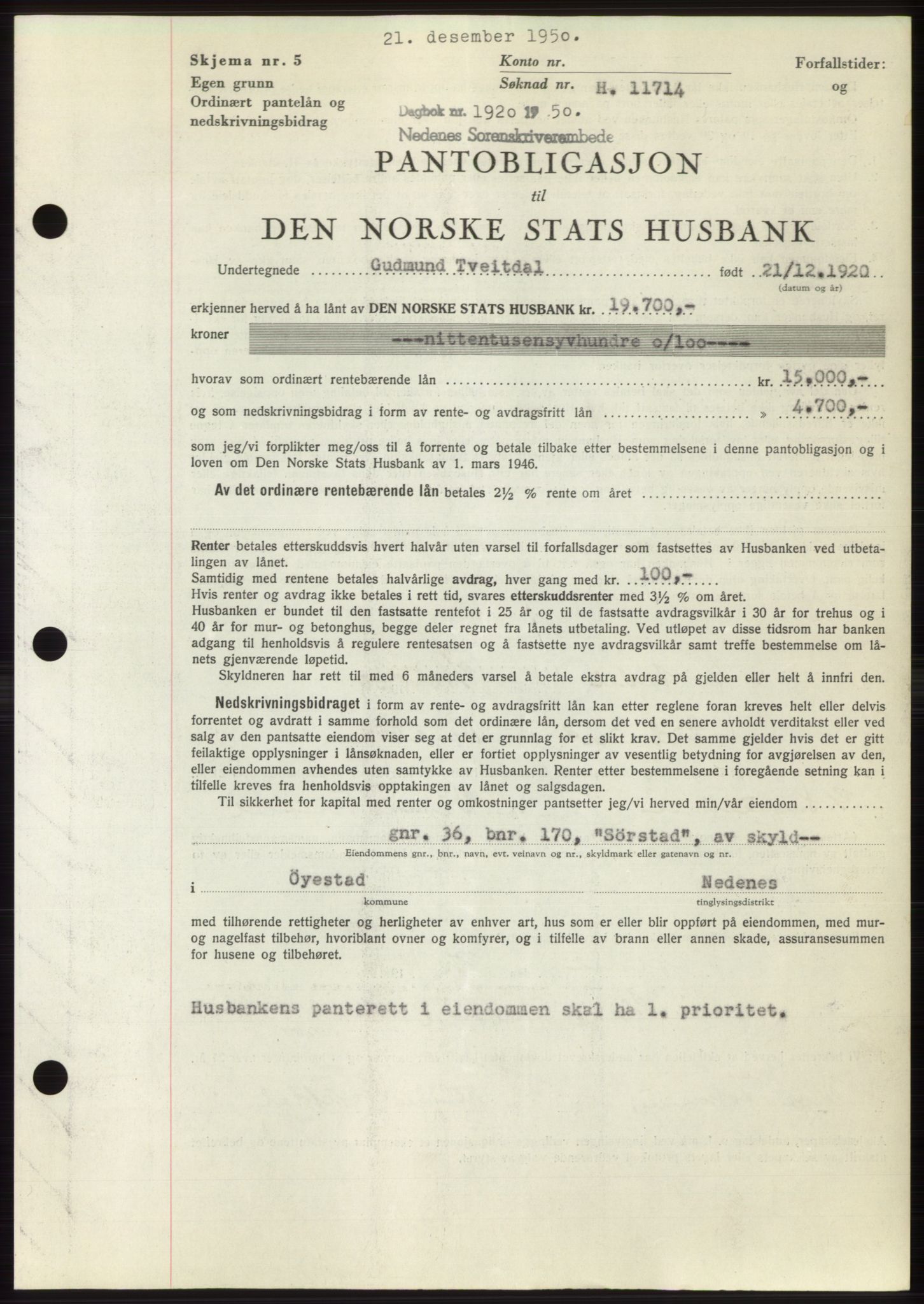 Nedenes sorenskriveri, AV/SAK-1221-0006/G/Gb/Gbb/L0008: Mortgage book no. B8, 1950-1950, Diary no: : 1920/1950