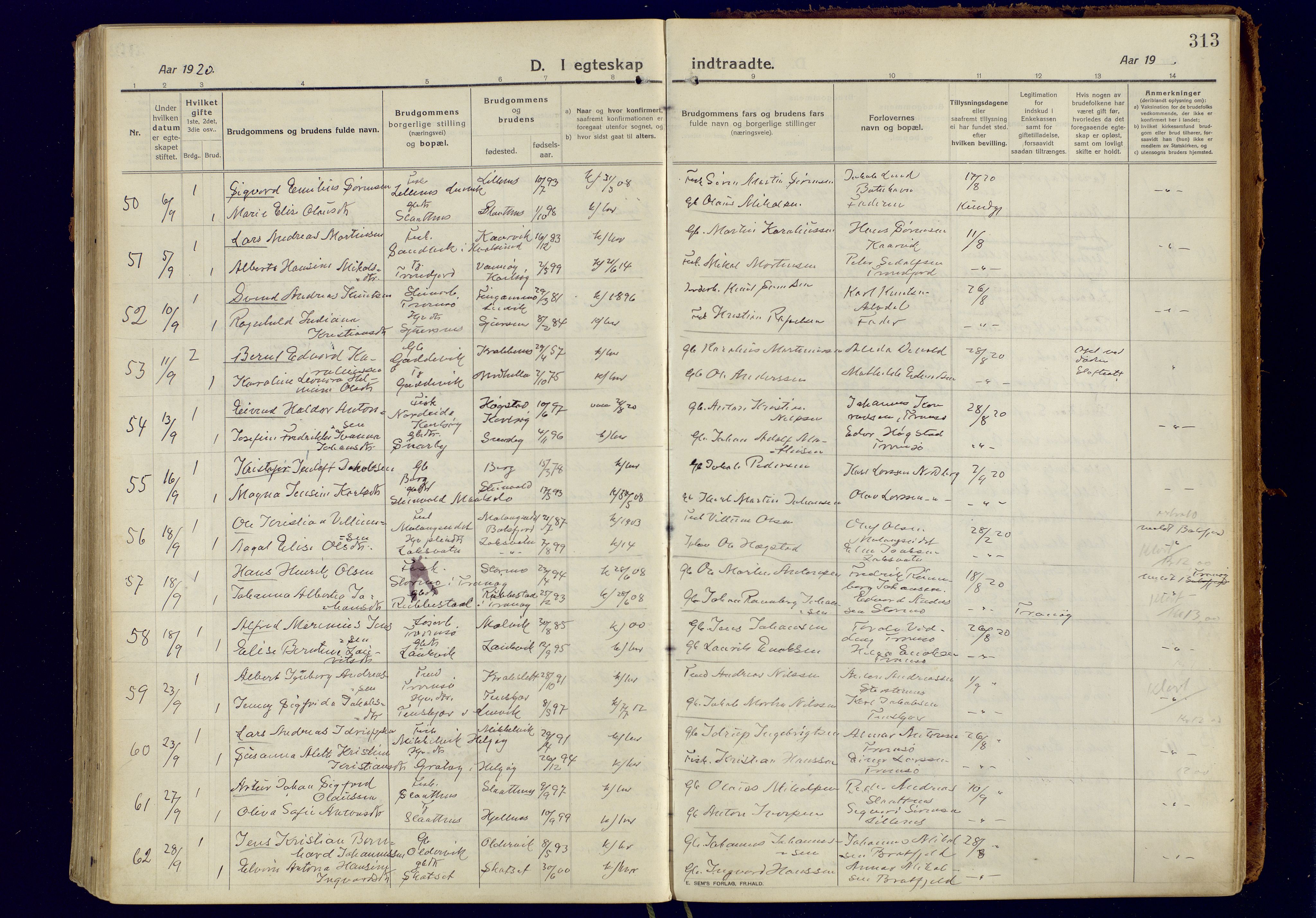 Tromsøysund sokneprestkontor, AV/SATØ-S-1304/G/Ga/L0008kirke: Parish register (official) no. 8, 1914-1922, p. 313