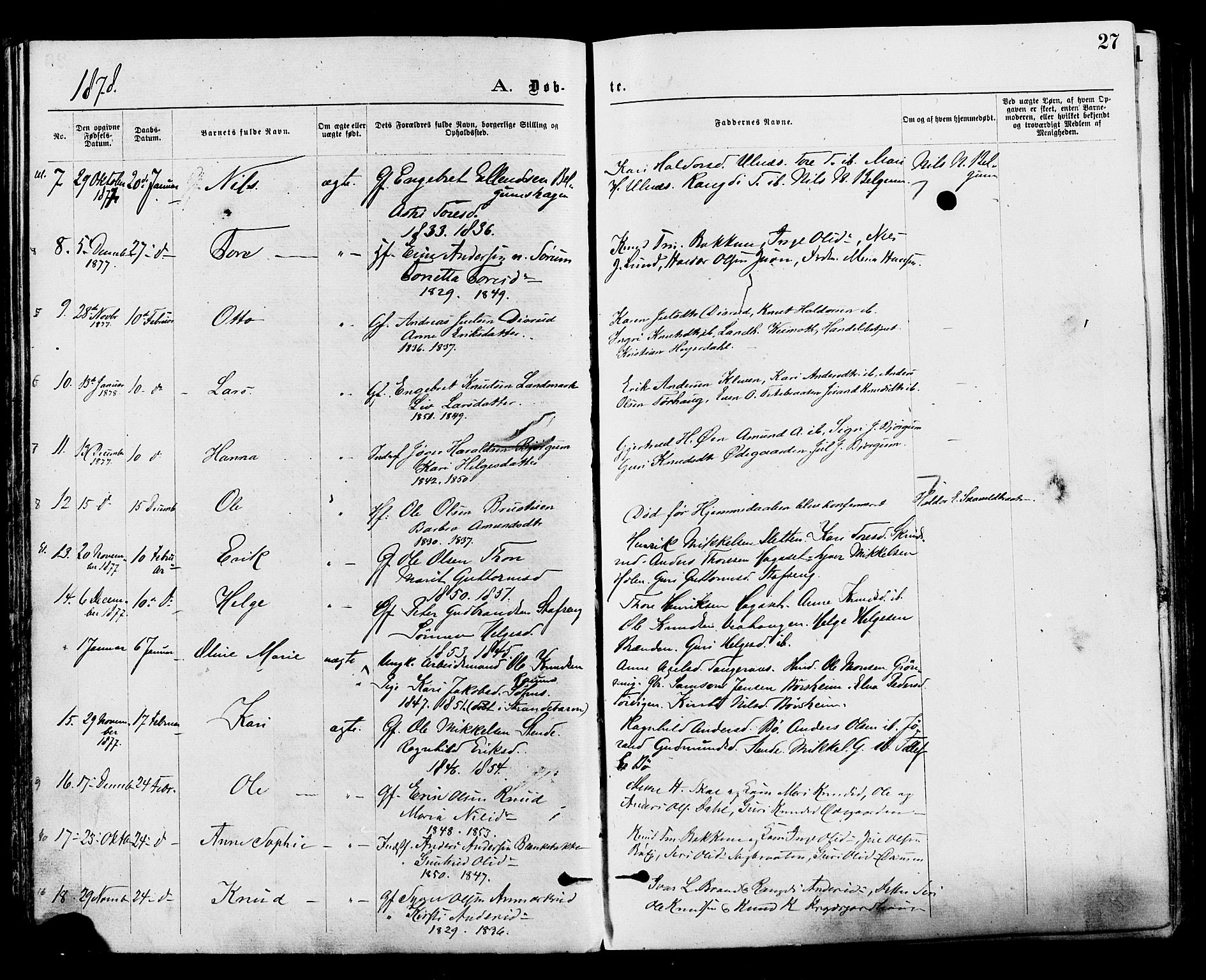 Nord-Aurdal prestekontor, SAH/PREST-132/H/Ha/Haa/L0009: Parish register (official) no. 9, 1876-1882, p. 27