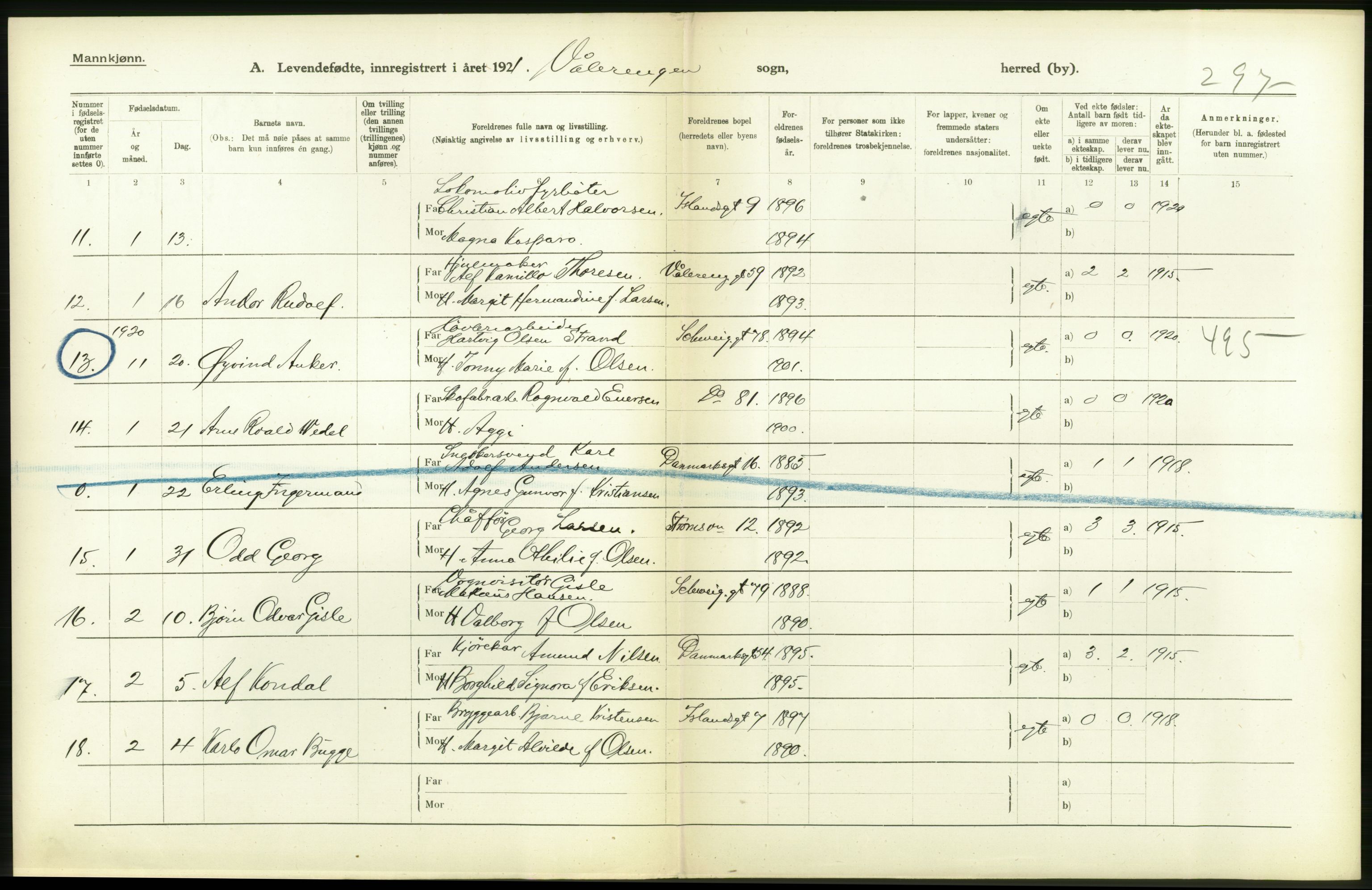 Statistisk sentralbyrå, Sosiodemografiske emner, Befolkning, RA/S-2228/D/Df/Dfc/Dfca/L0009: Kristiania: Levendefødte menn og kvinner., 1921, p. 164