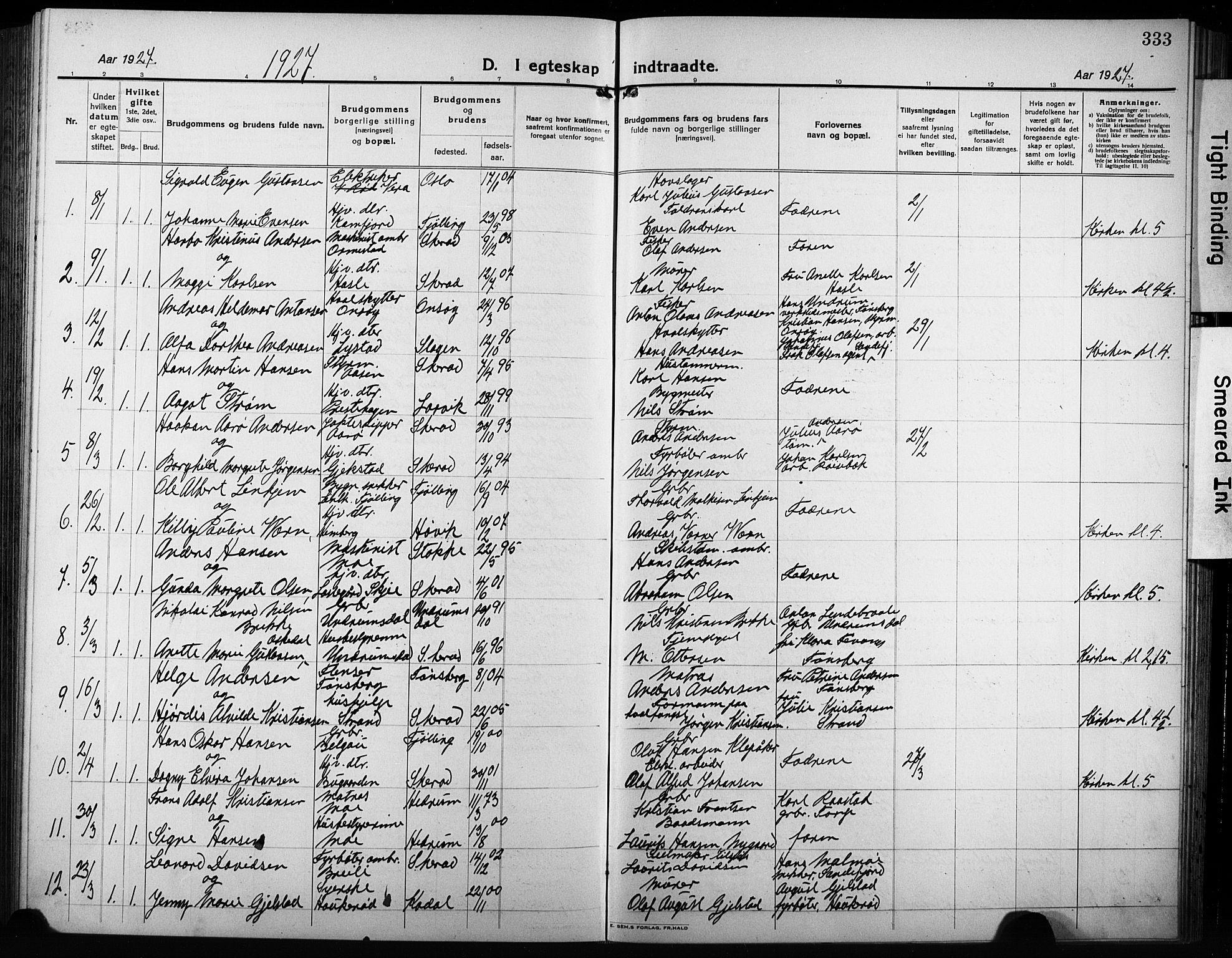 Sandar kirkebøker, AV/SAKO-A-243/G/Ga/L0004: Parish register (copy) no. 4, 1922-1932, p. 333