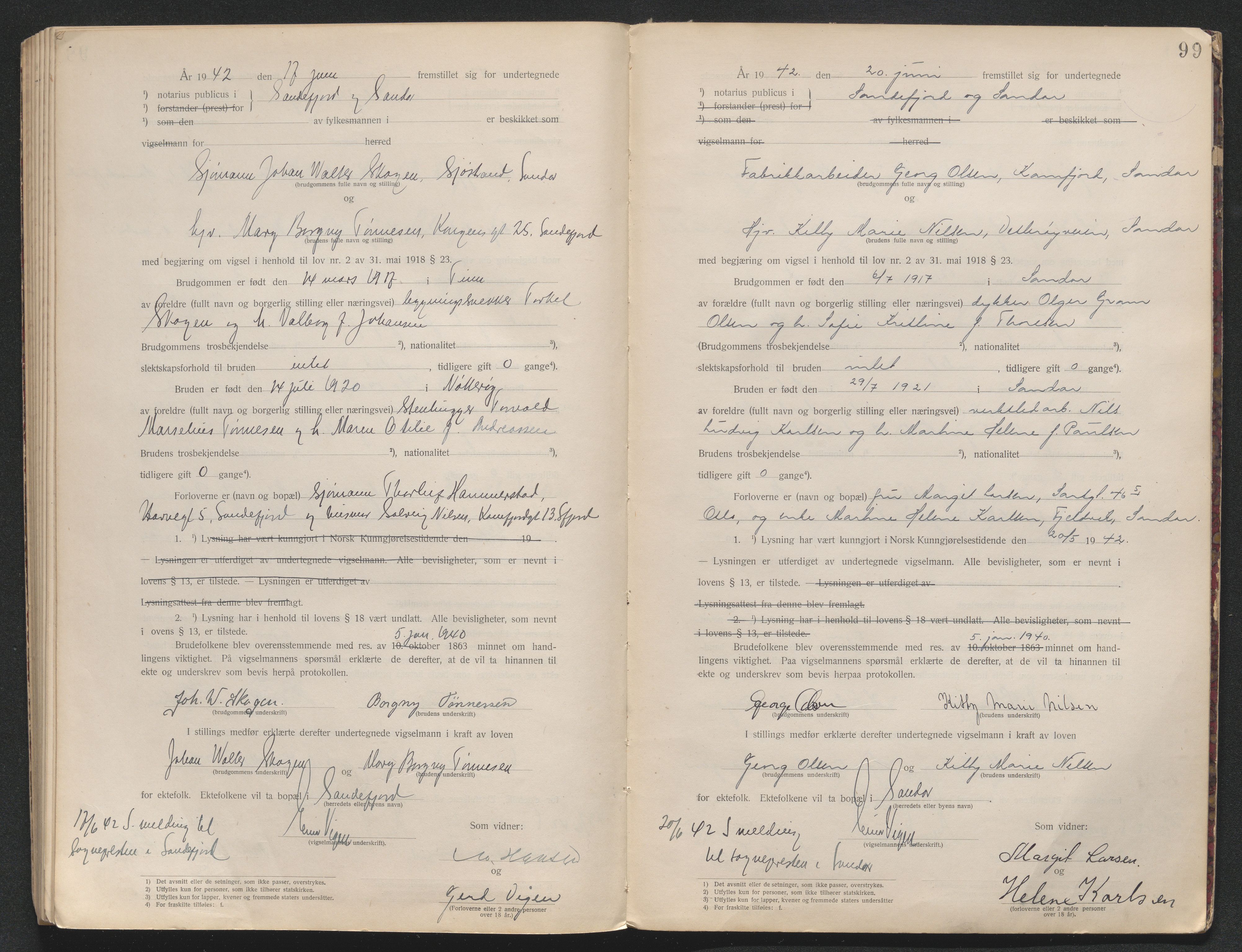 Sandar sorenskriveri, AV/SAKO-A-86/L/Lb/L0001: Vigselselbok, 1921-1942, p. 99