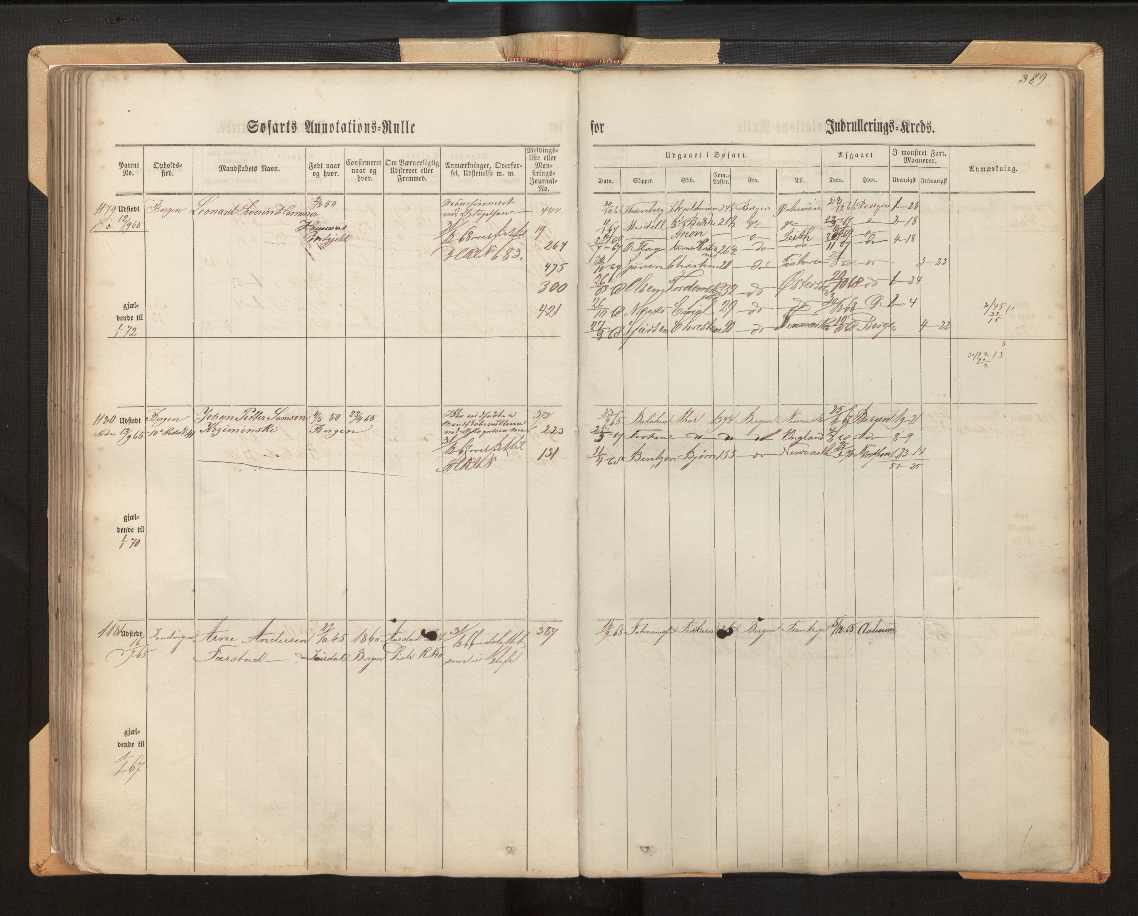 Innrulleringssjefen i Bergen, AV/SAB-A-100050/F/Fh/L0006: Sjøfarts- og annotasjonsrulle for Bergen krets, fol. 239 - ut, 1860-1867, p. 389